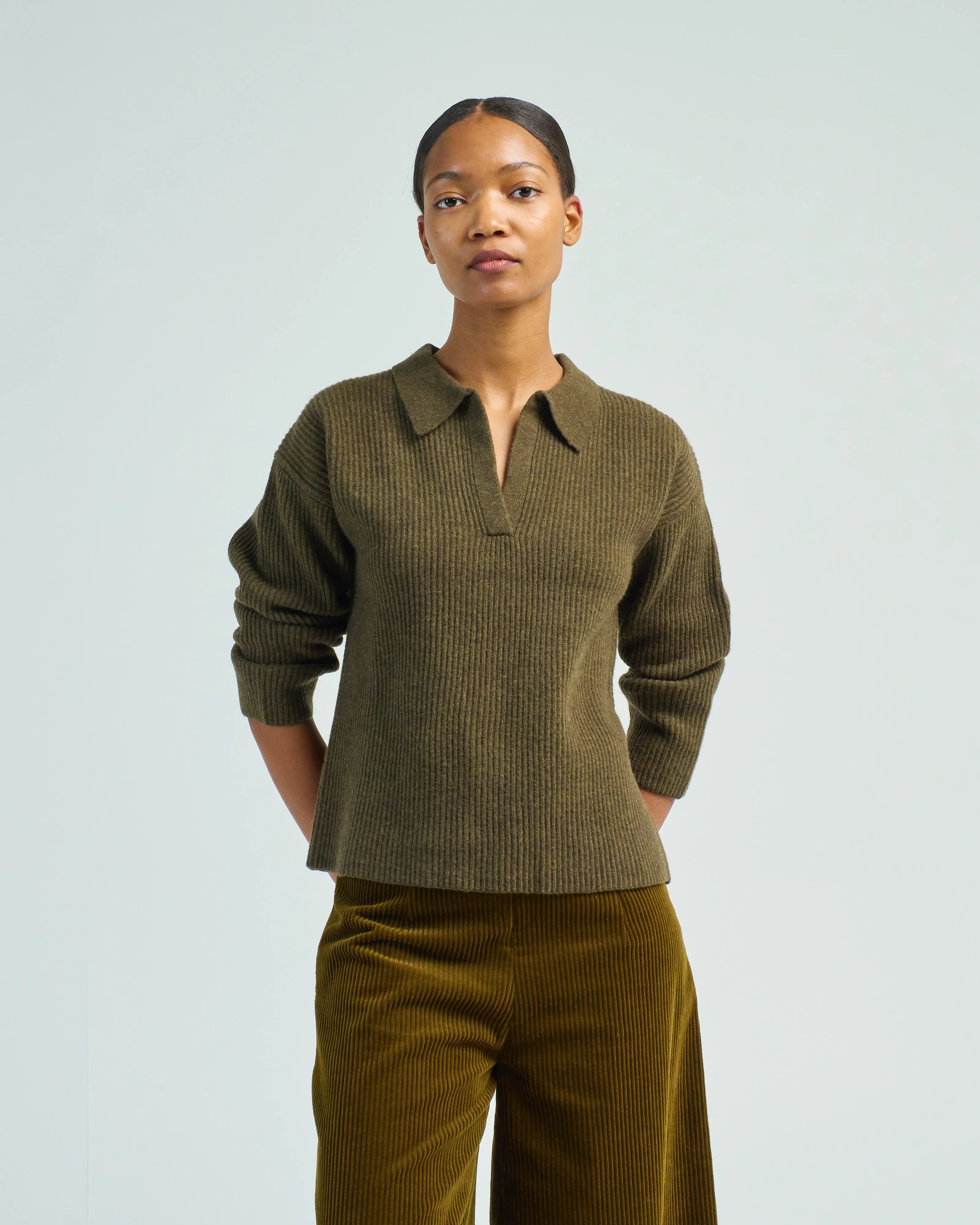 ribbed collared v-neck jumper