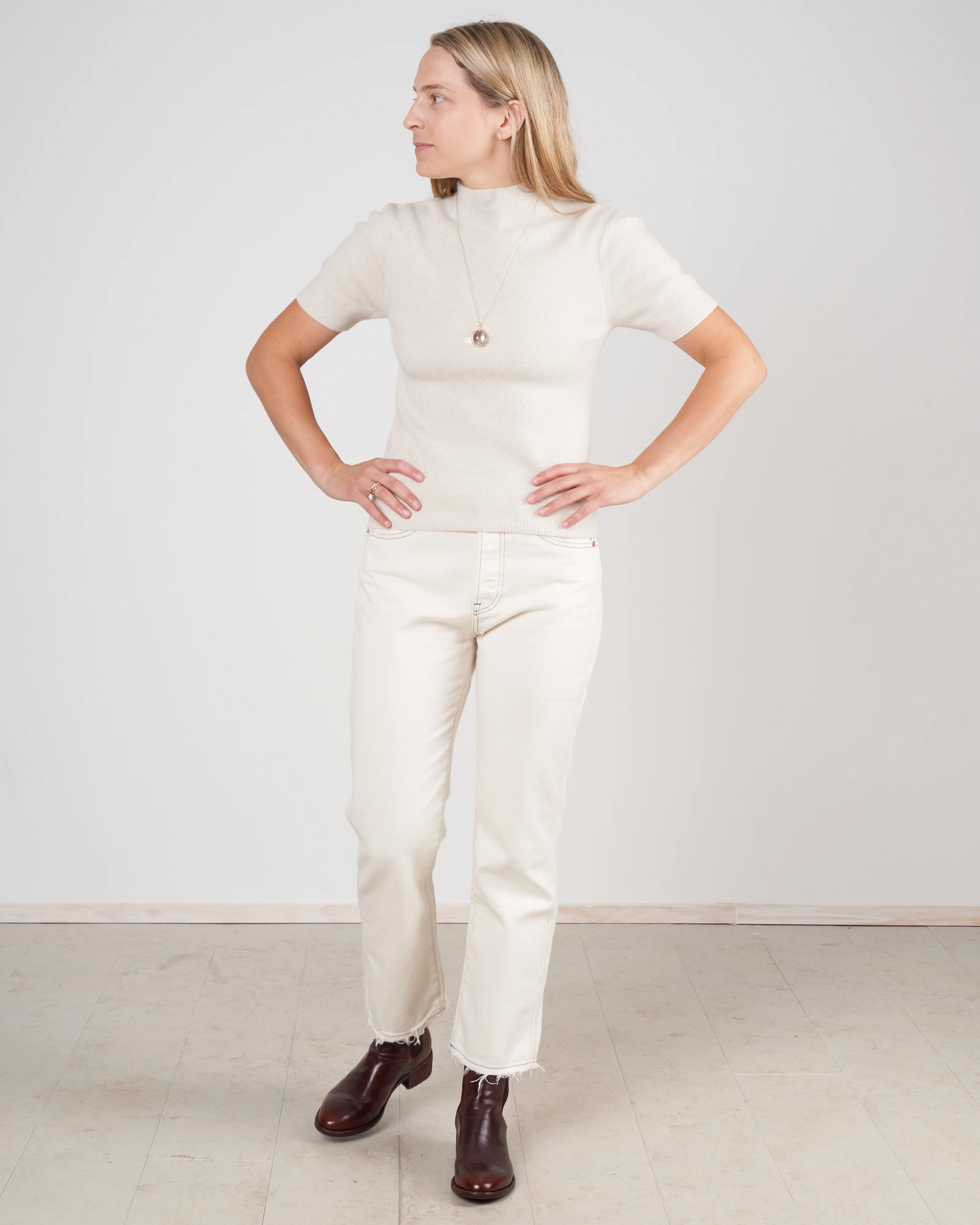 short sleeve mockneck top - off white - Image 2