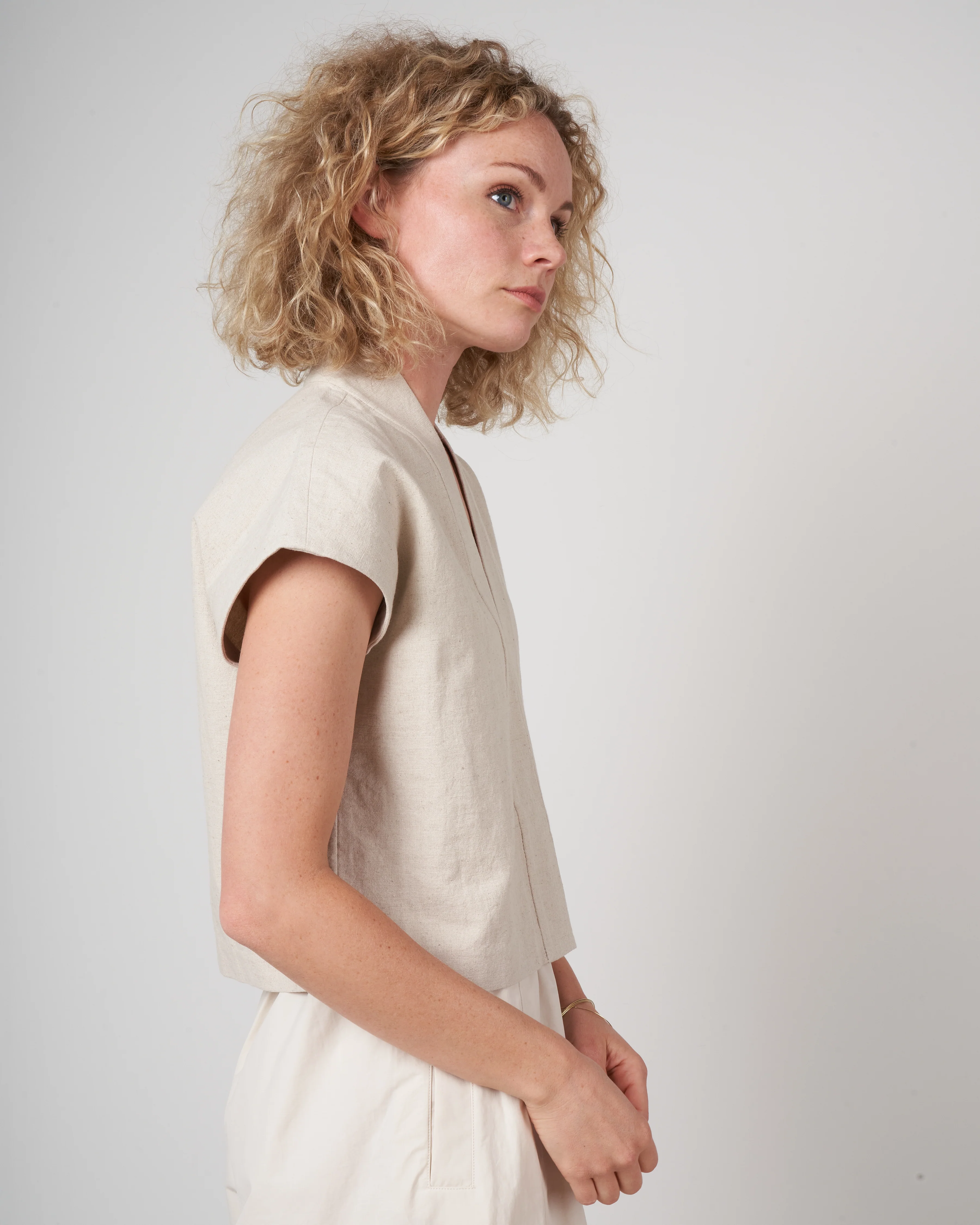 v neck panel top - beige - Image 2