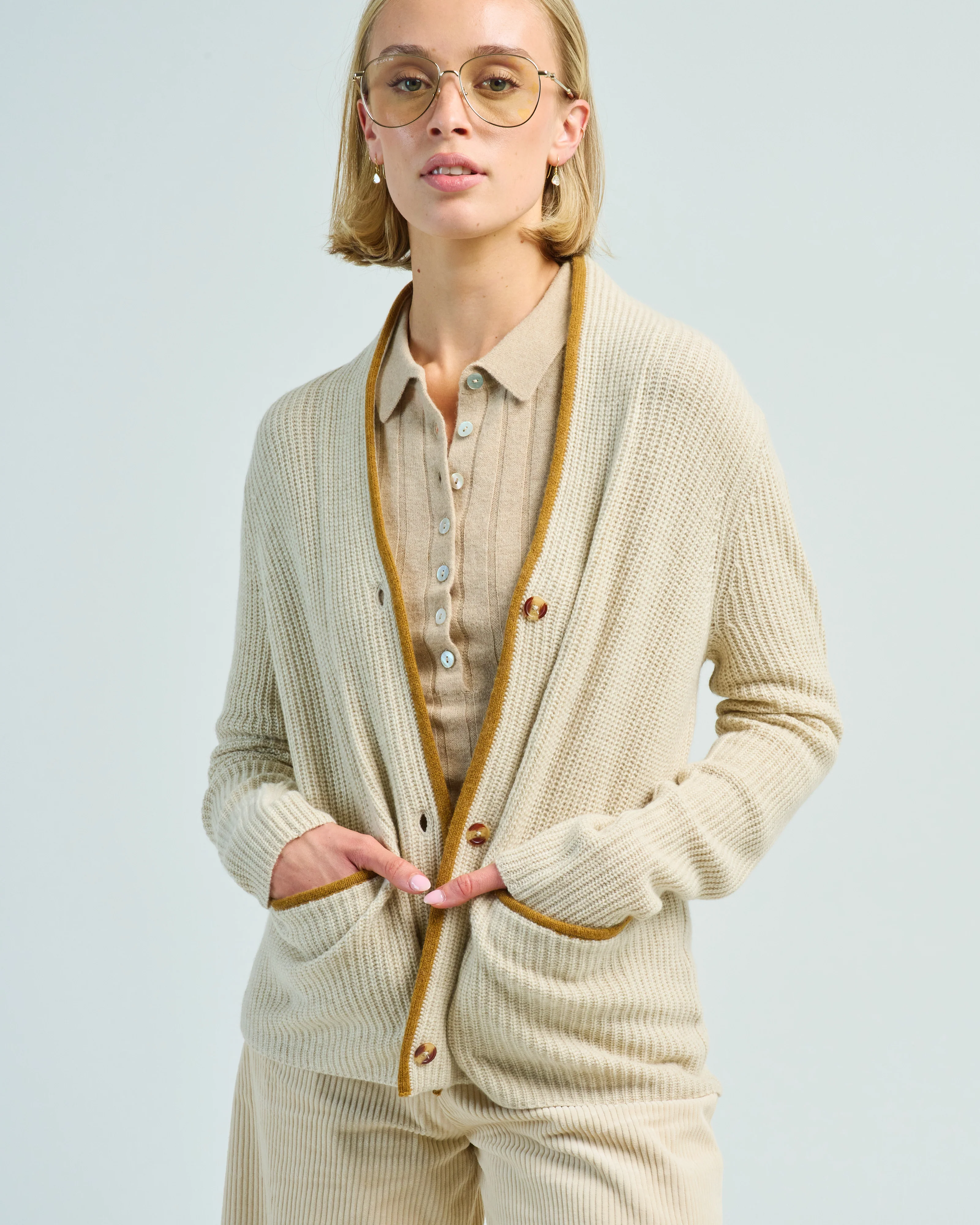 v-neck pockets trimmed cardigan - Image 5