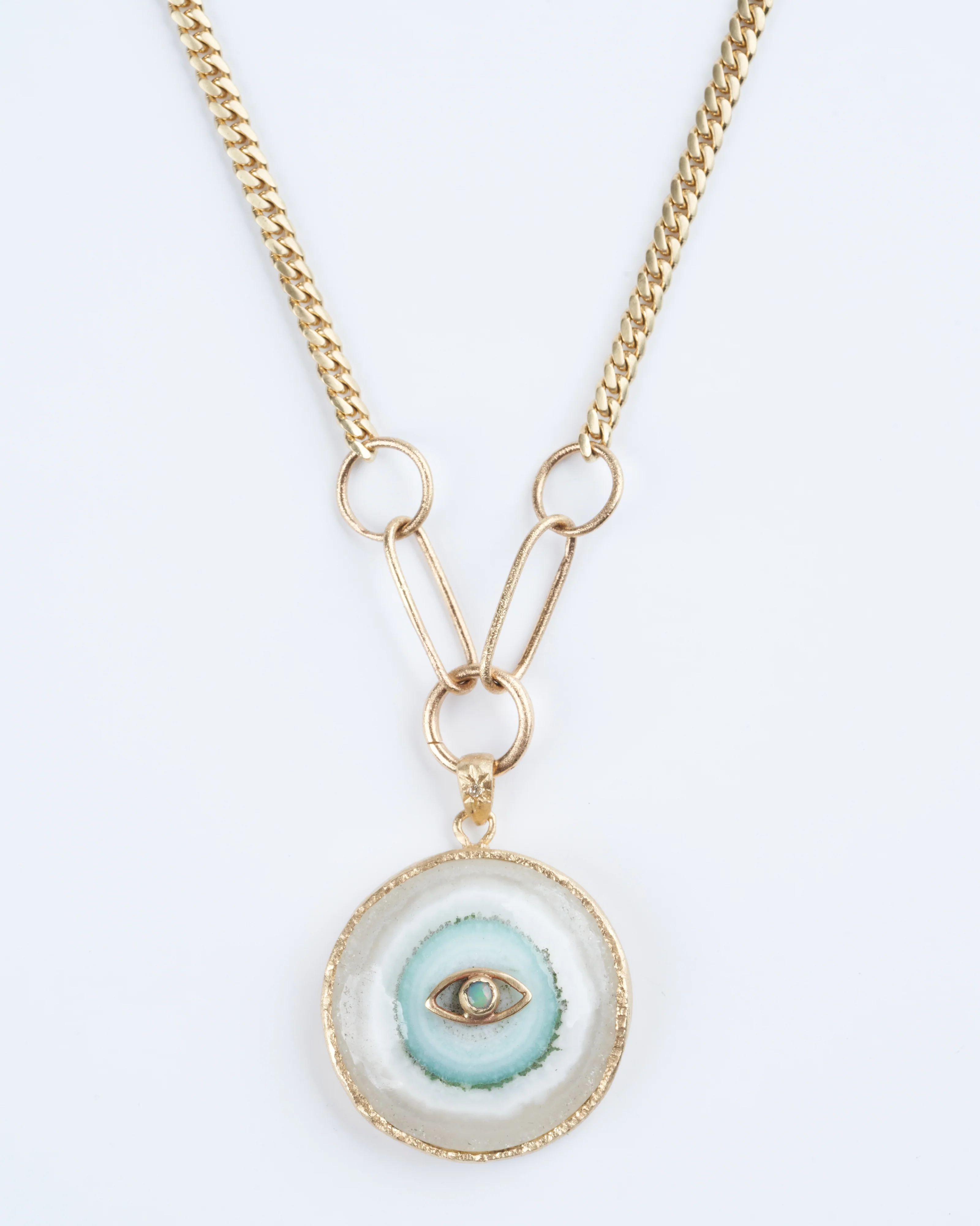 large round opal eye solar quartz amulet - 14k yellow gold - Image 2
