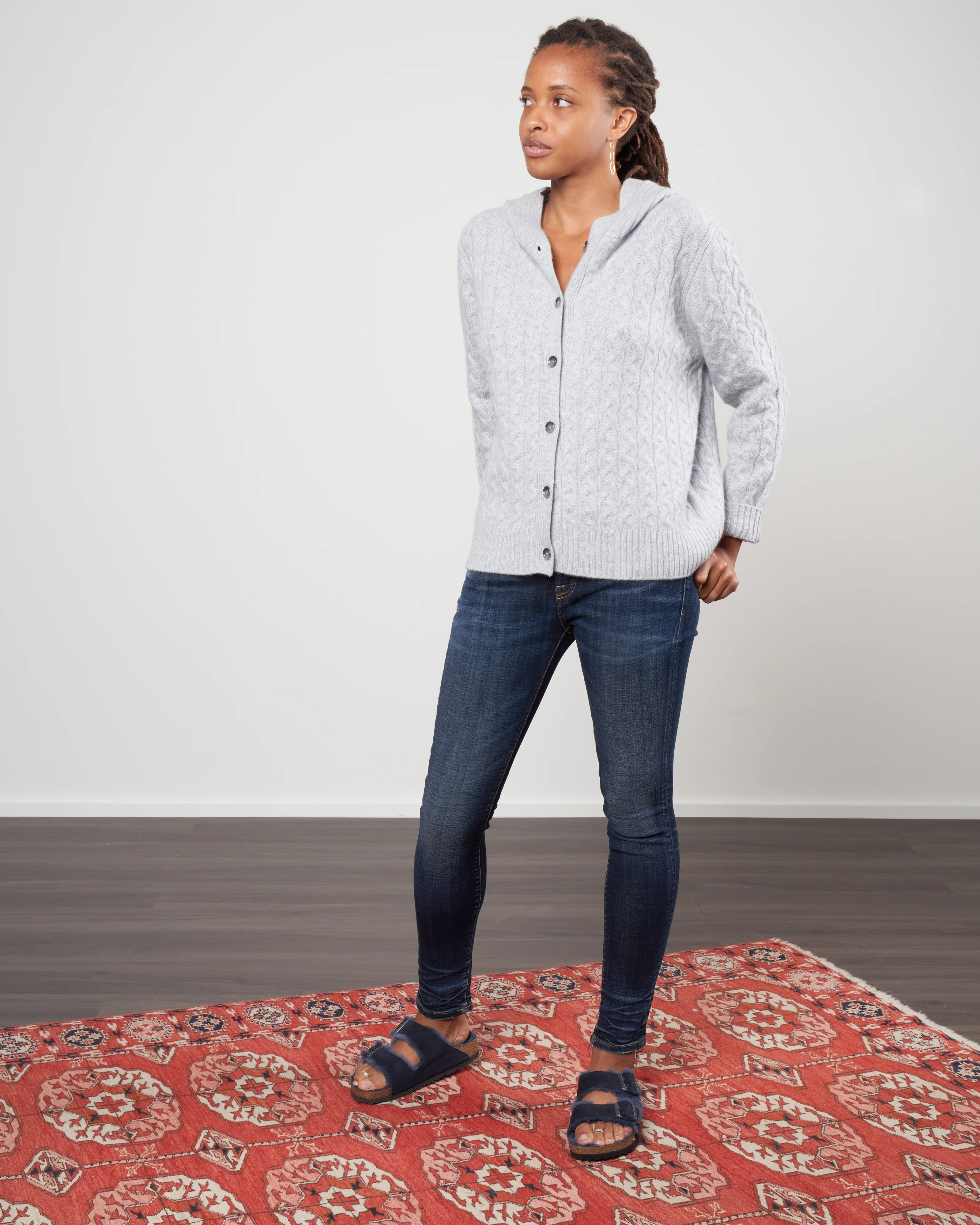 cable cardigan w/ hood - sterling