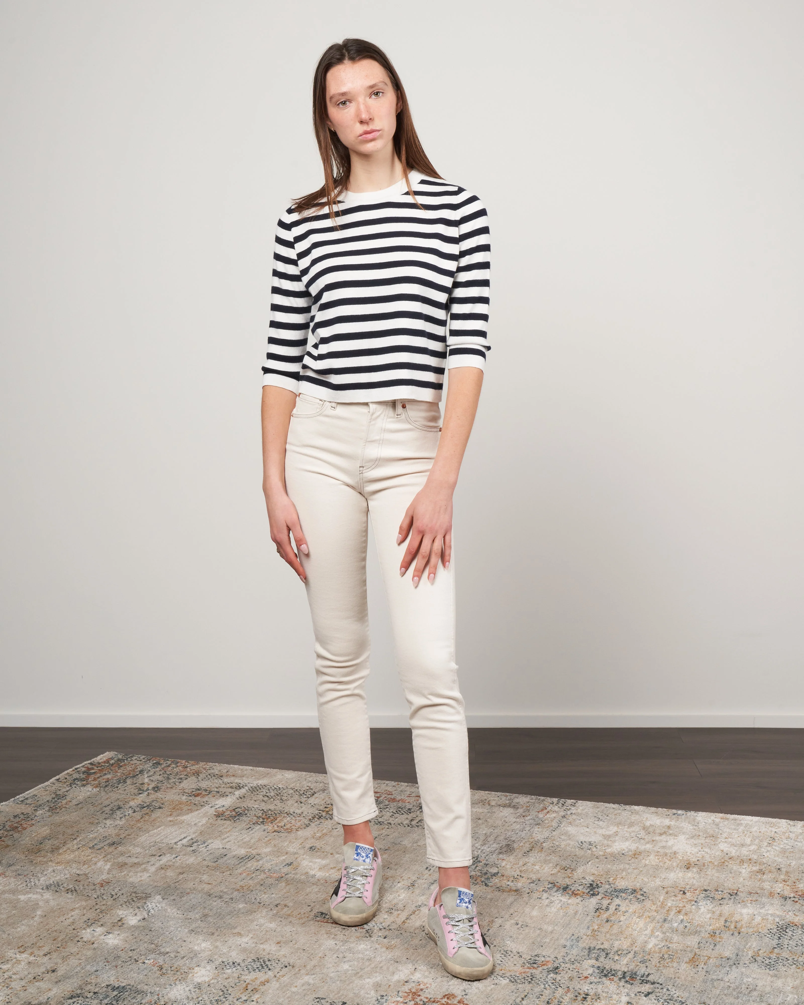 crewneck striped cashmere sweater 3/4 sleeve - navy / ecru - Image 2
