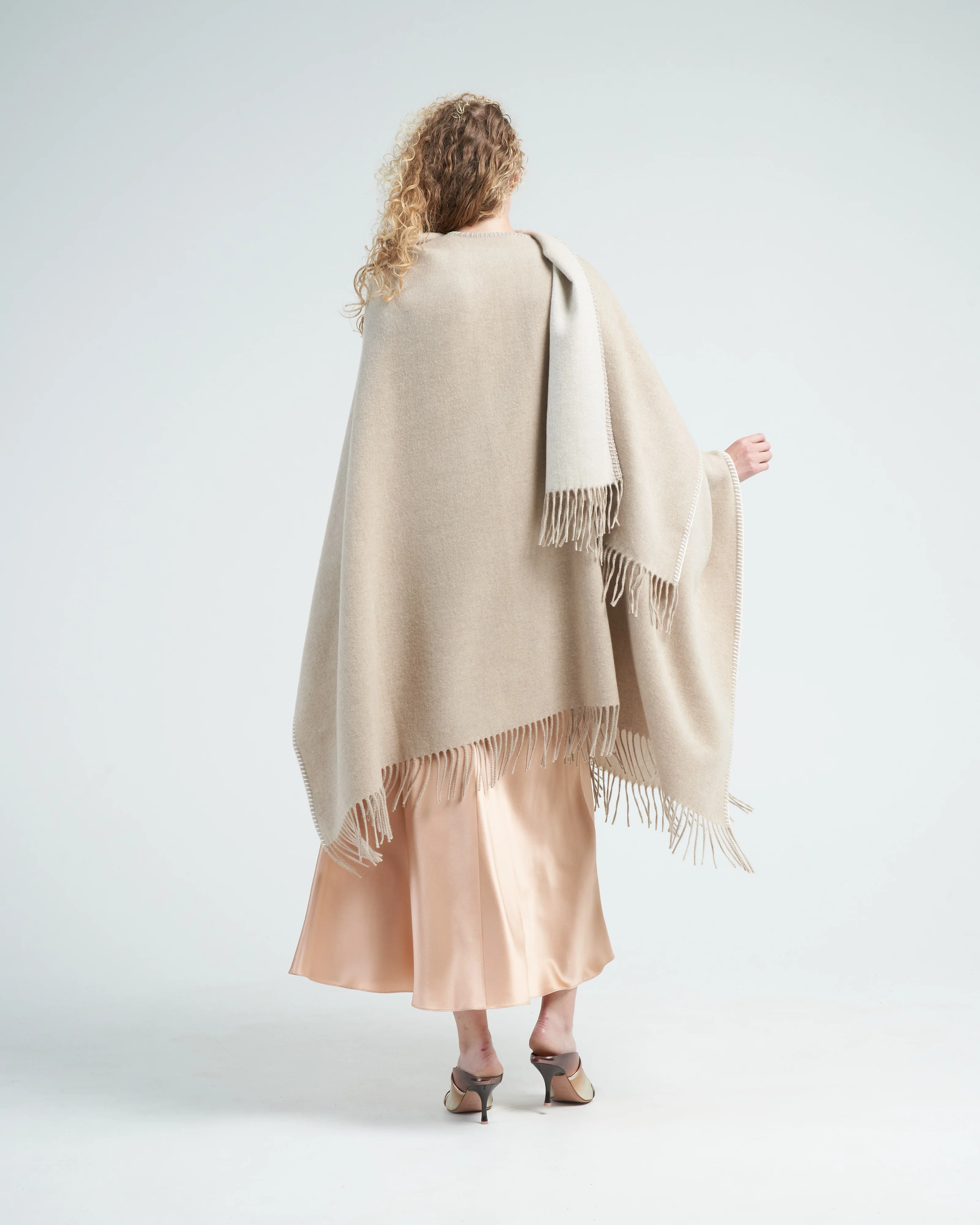 wrap with fringe - beige - Image 3