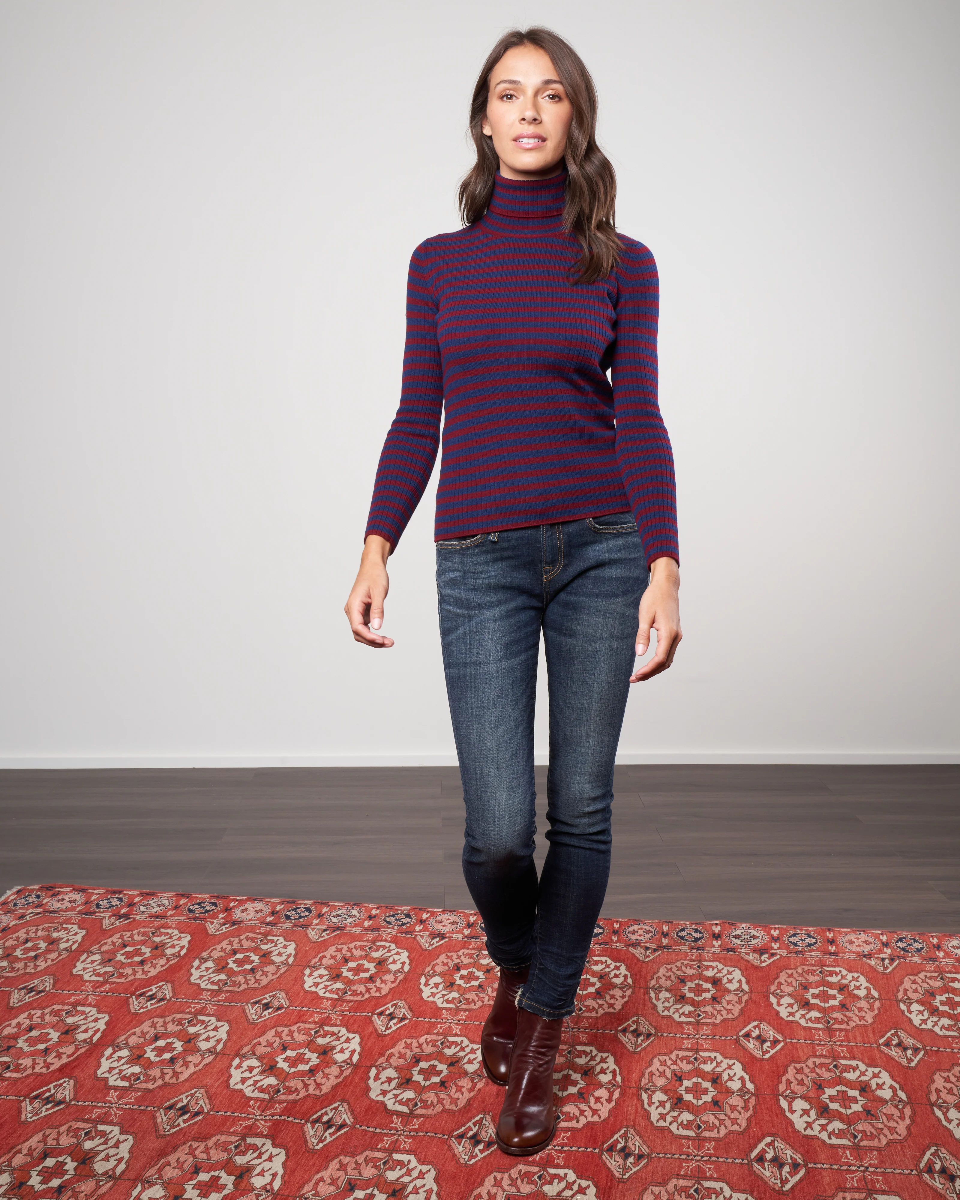 stripes ribbed turtleneck sweater - navy / dark pink - Image 3