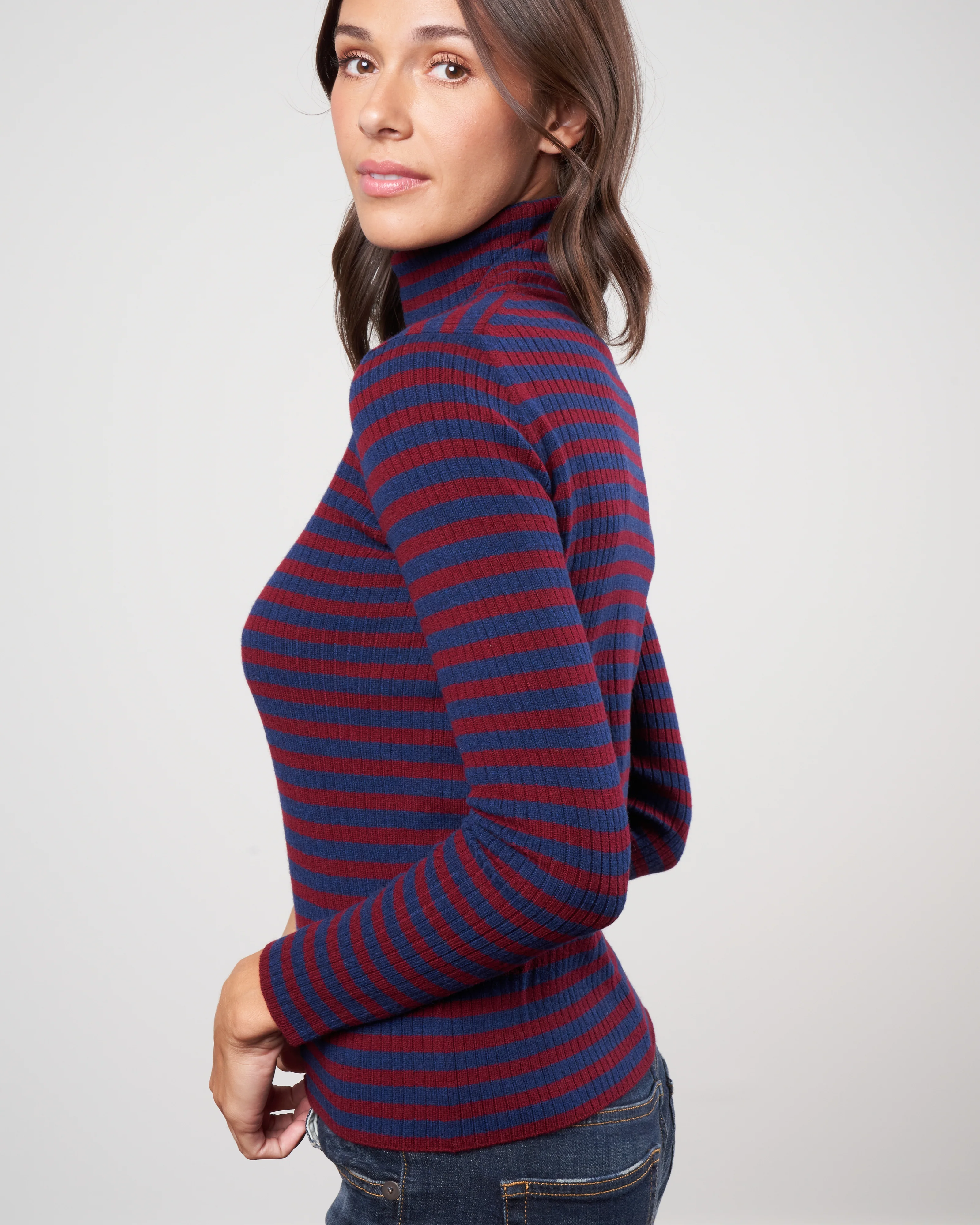 stripes ribbed turtleneck sweater - navy / dark pink - Image 4