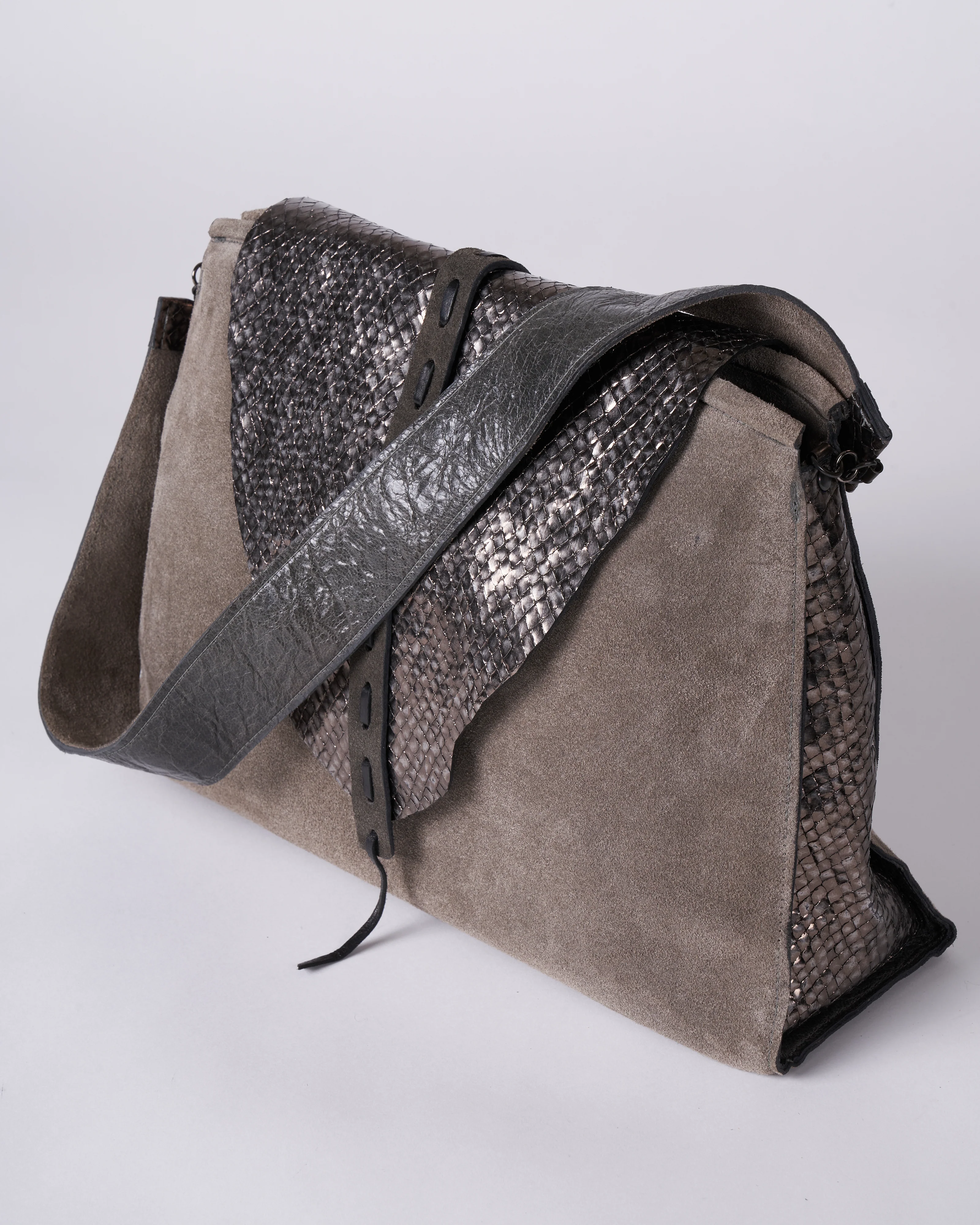 large satchel - grey & silver suede and embossed - Image 3
