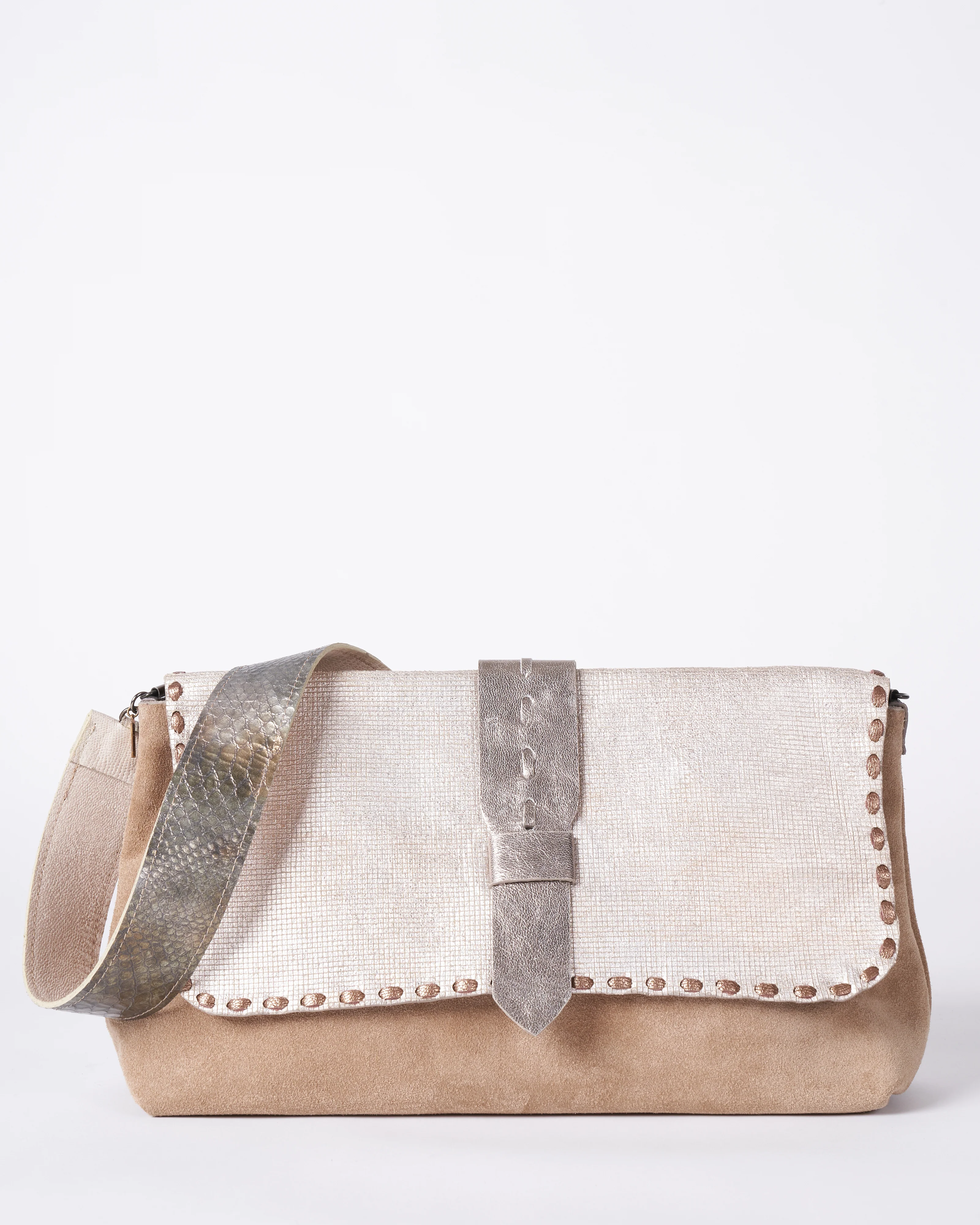 wide clutch - khaki & silver suede and embossed