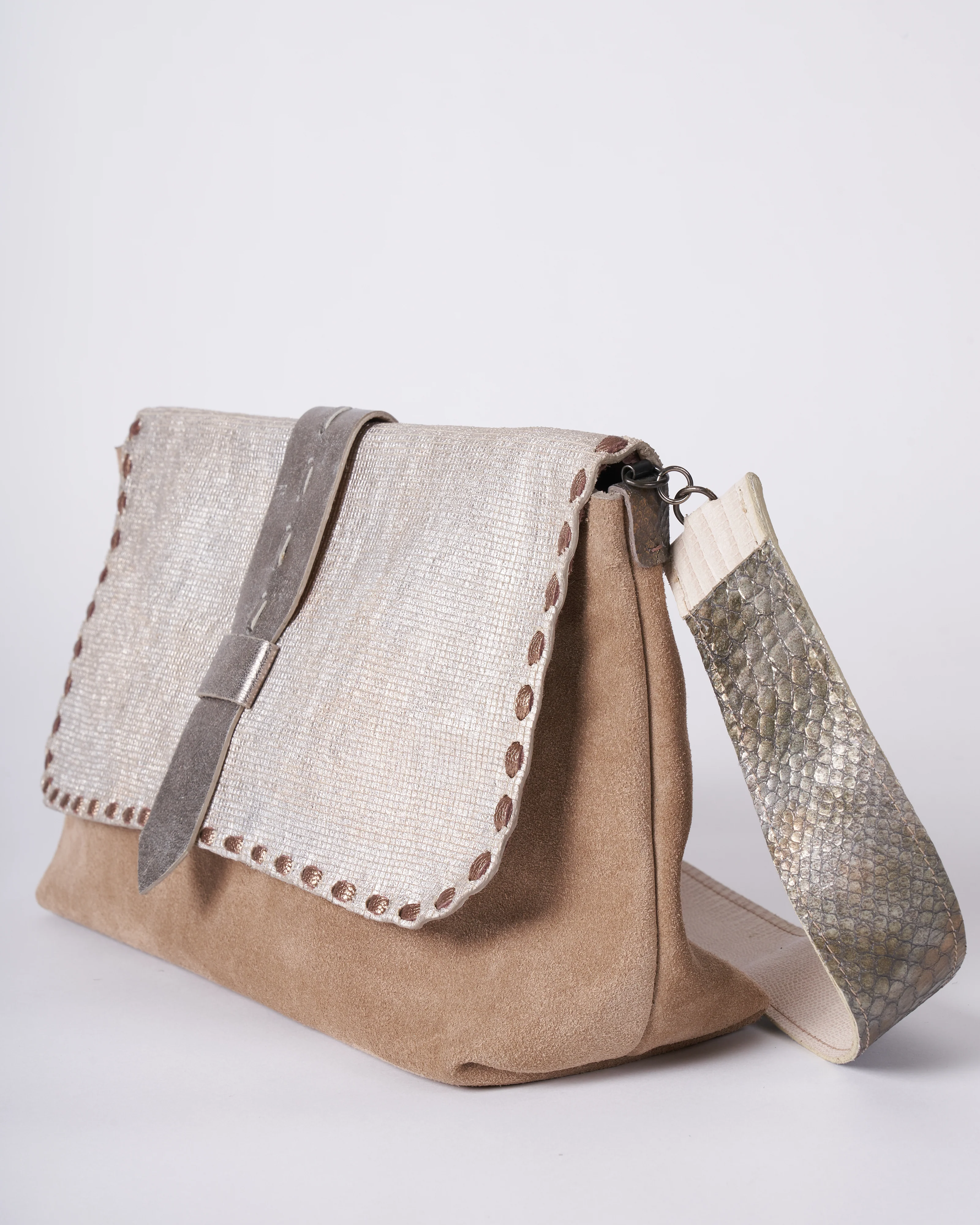 wide clutch - khaki & silver suede and embossed - Image 3