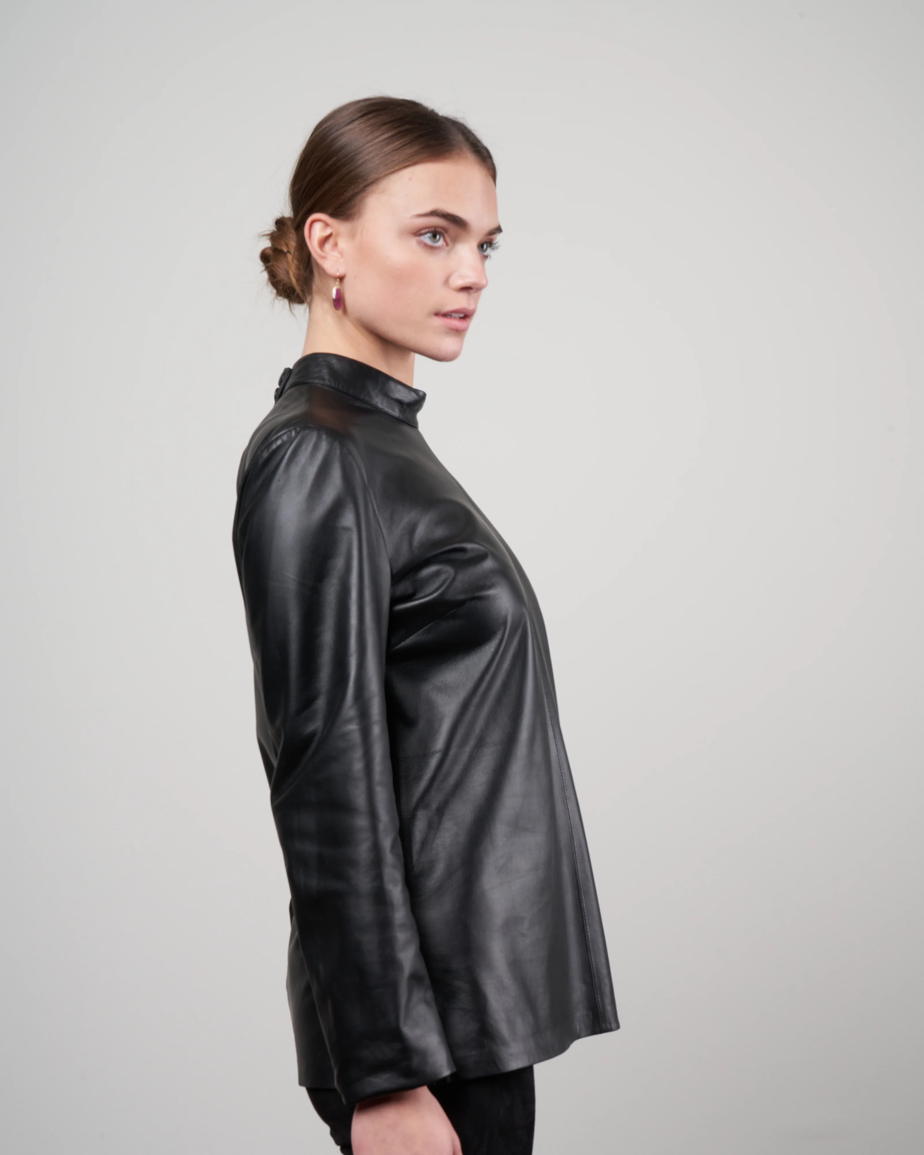 long sleeve leather top - black - Image 3