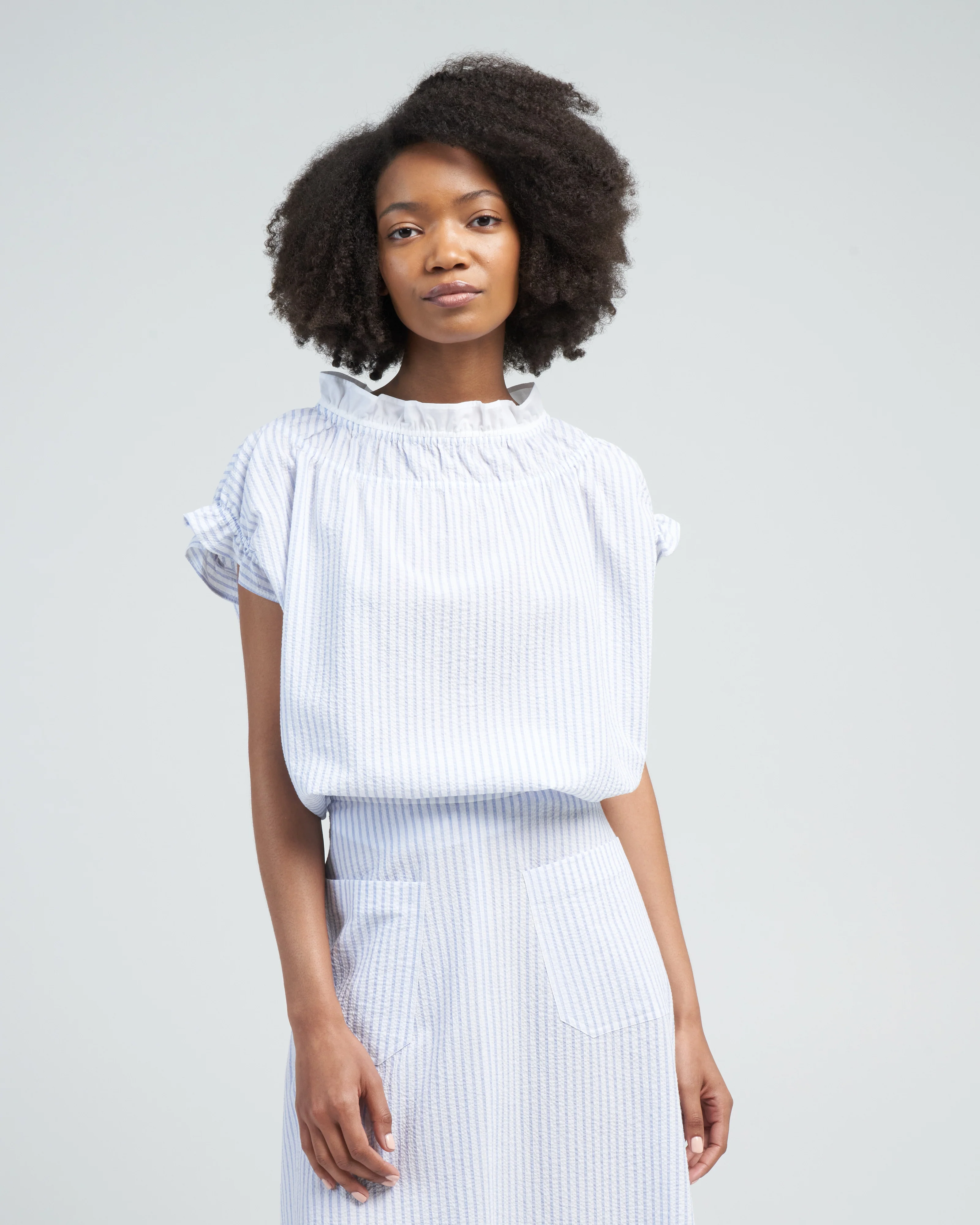 memoir 1 ruched capsleeve - blue stripe