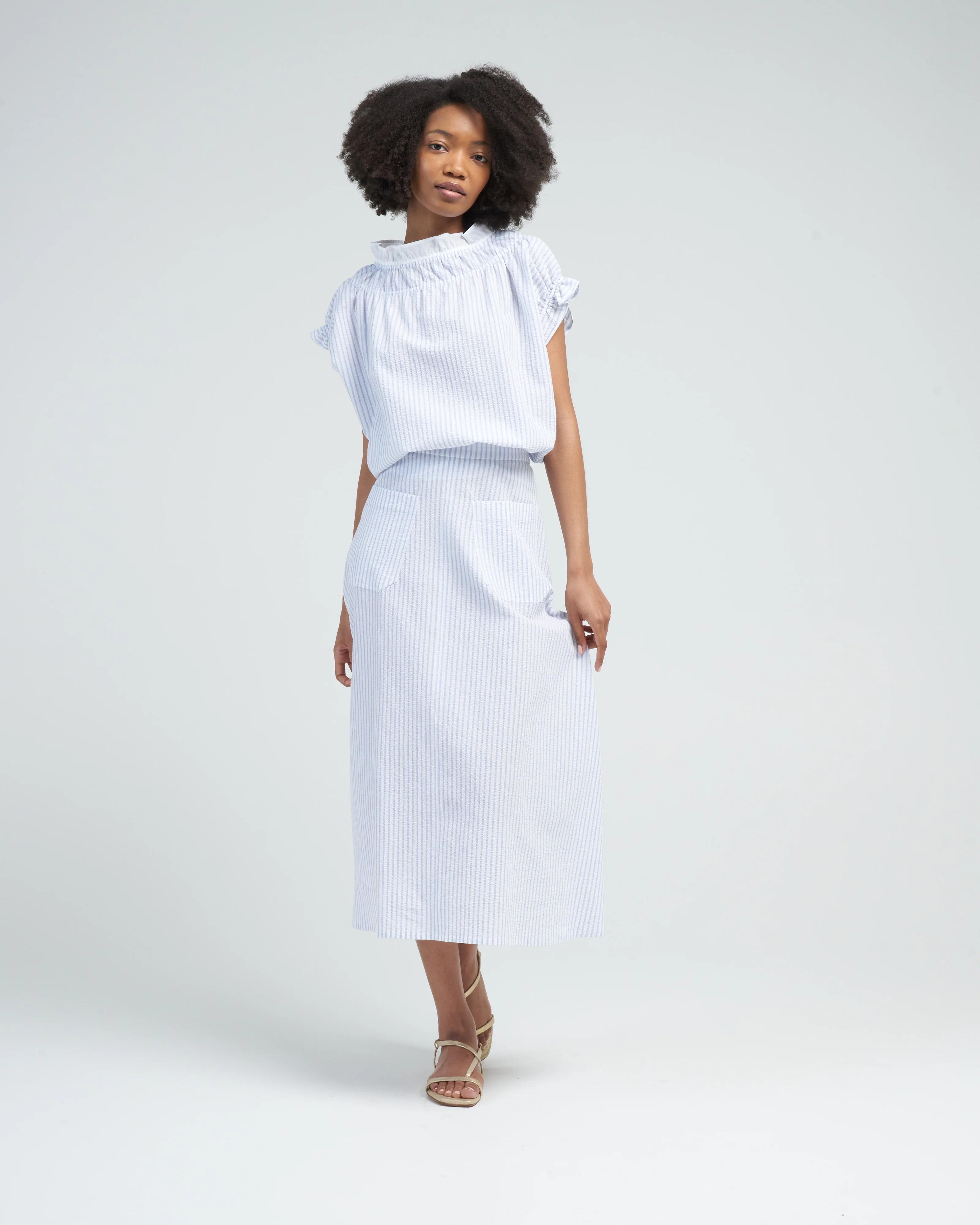 memoir 1 ruched capsleeve - blue stripe - Image 2