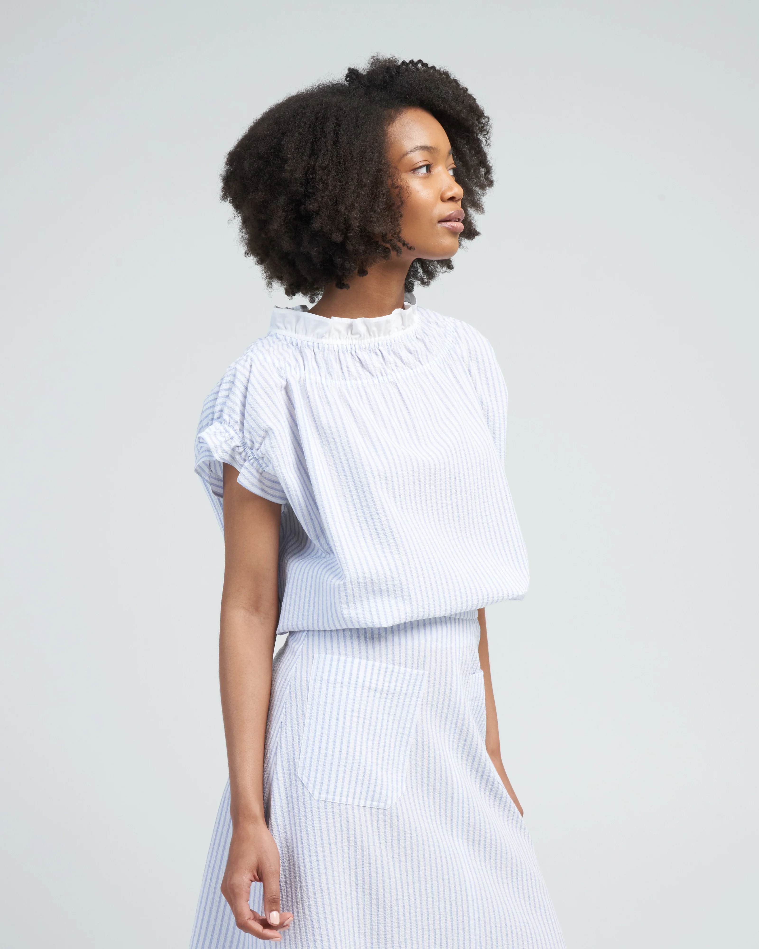 memoir 1 ruched capsleeve - blue stripe - Image 3