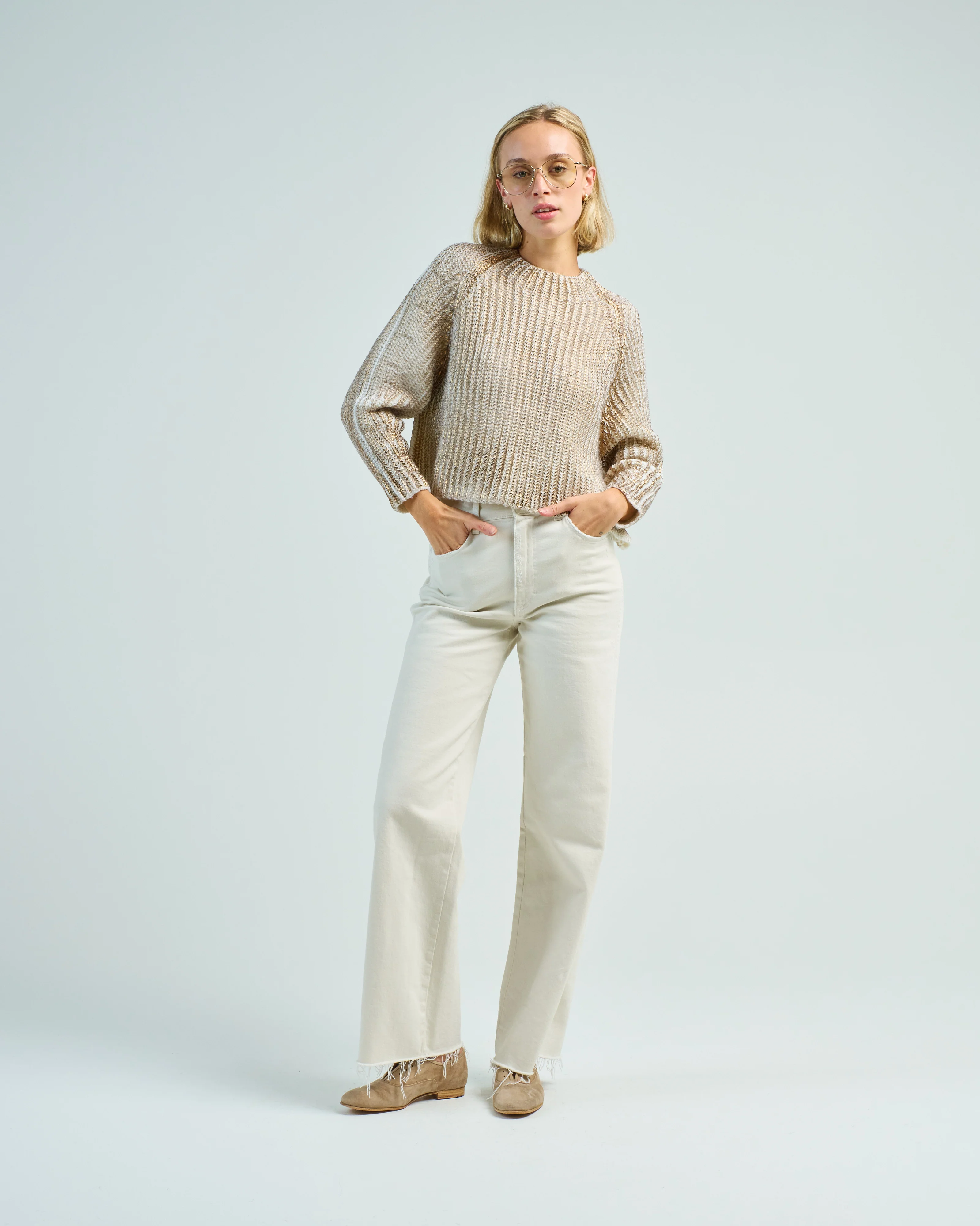 boat neck ribbed crop pullover with lamination