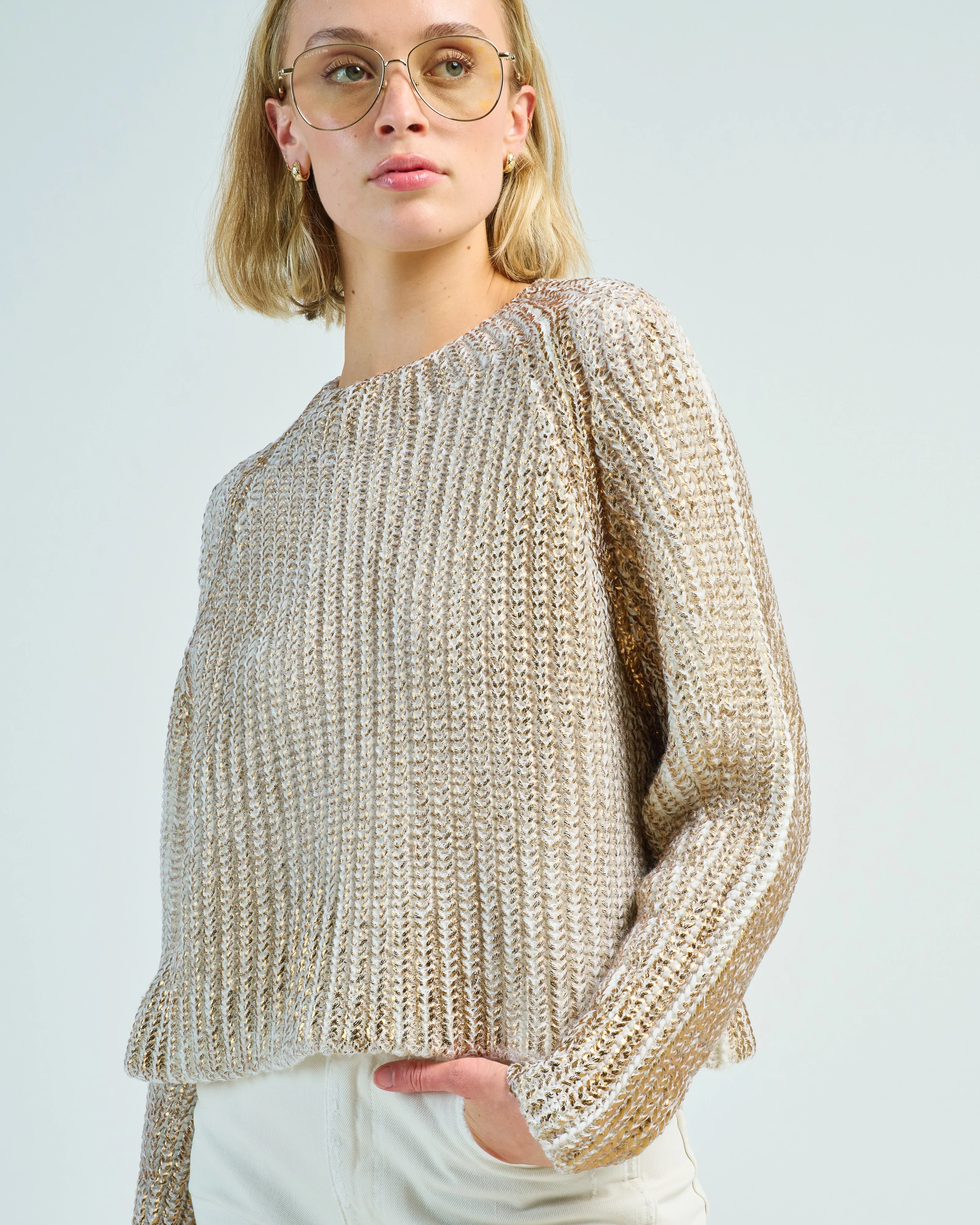 boat neck ribbed crop pullover with lamination - Image 5