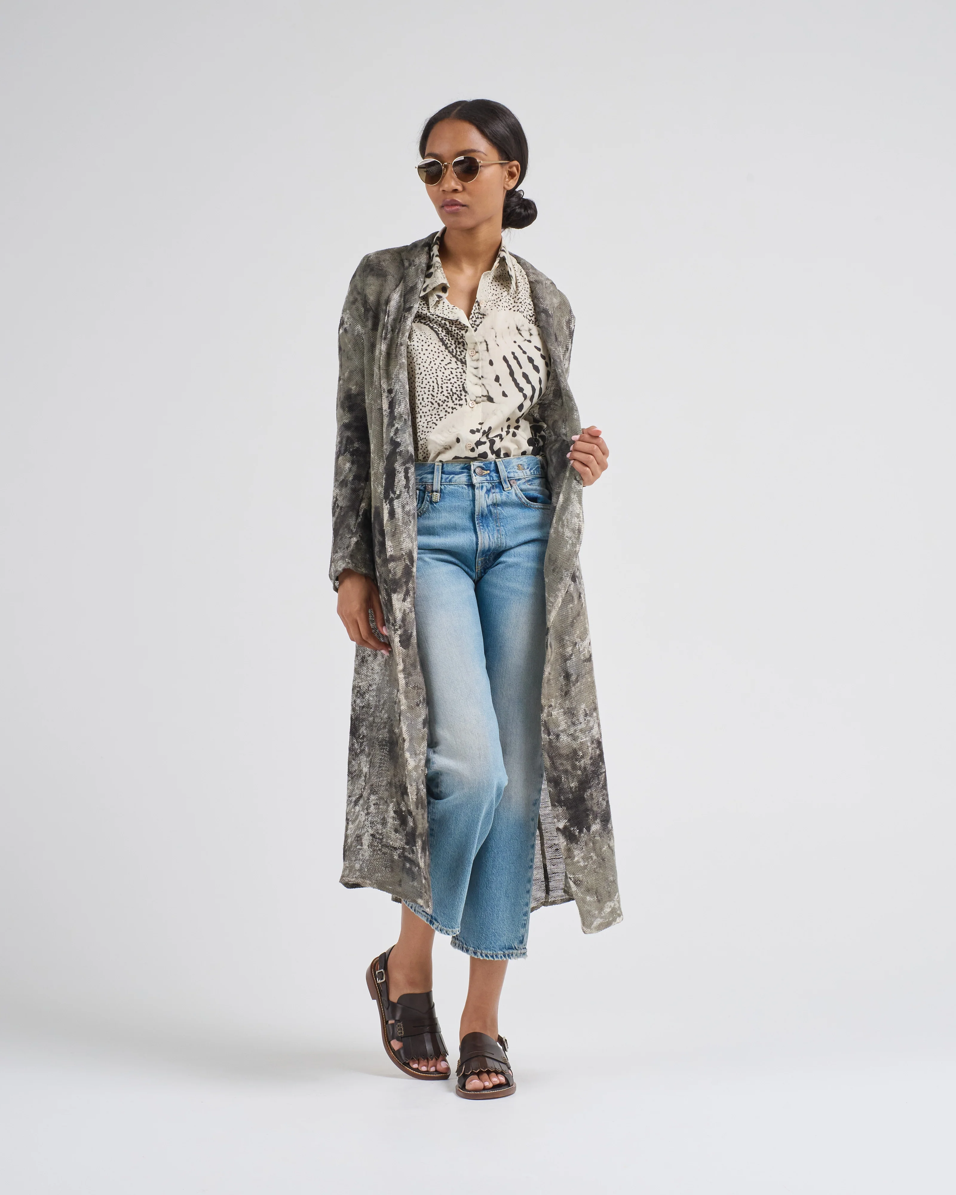 camouflage effect linen and cotton net fabric long duster - Image 2