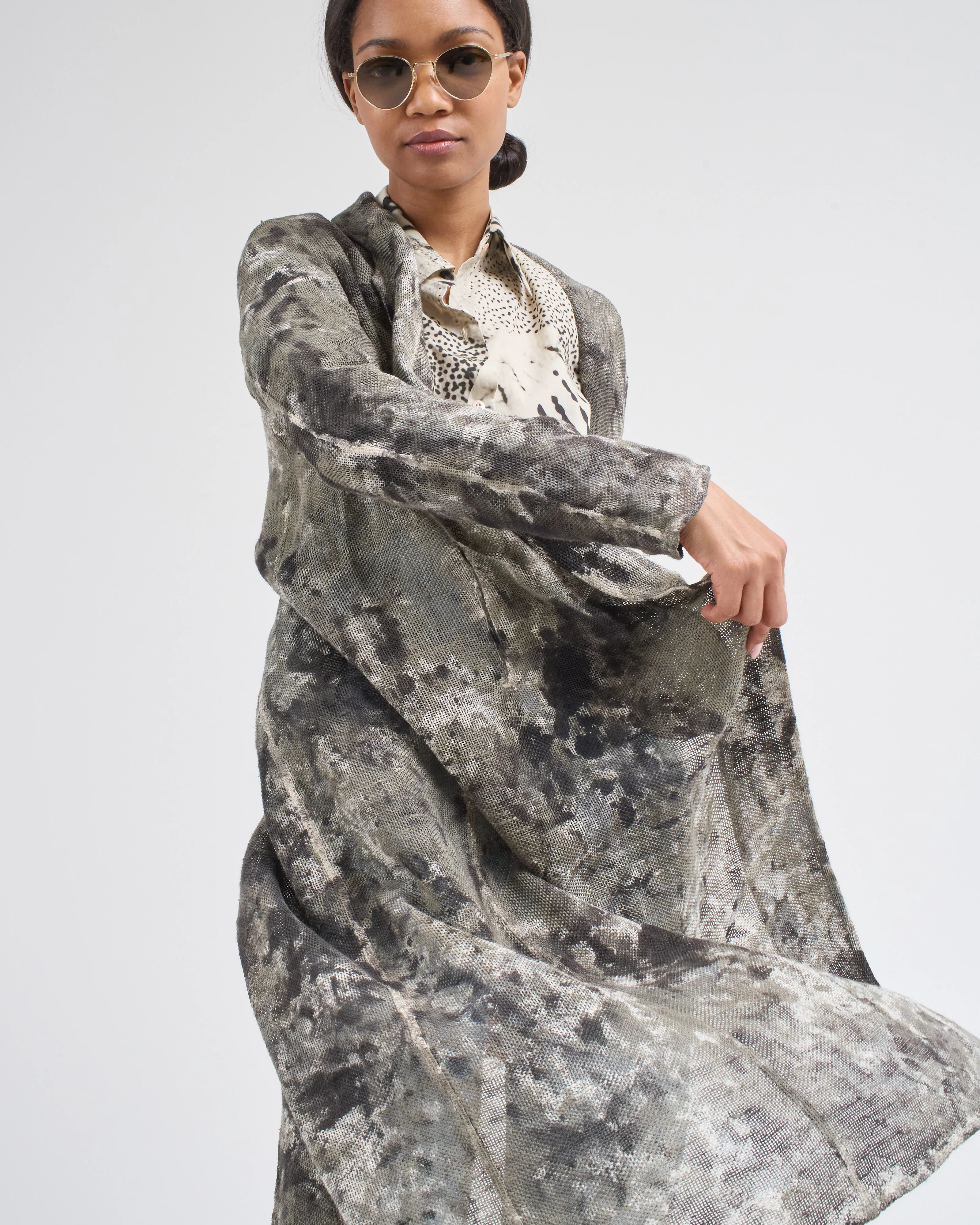 camouflage effect linen and cotton net fabric long duster - Image 5