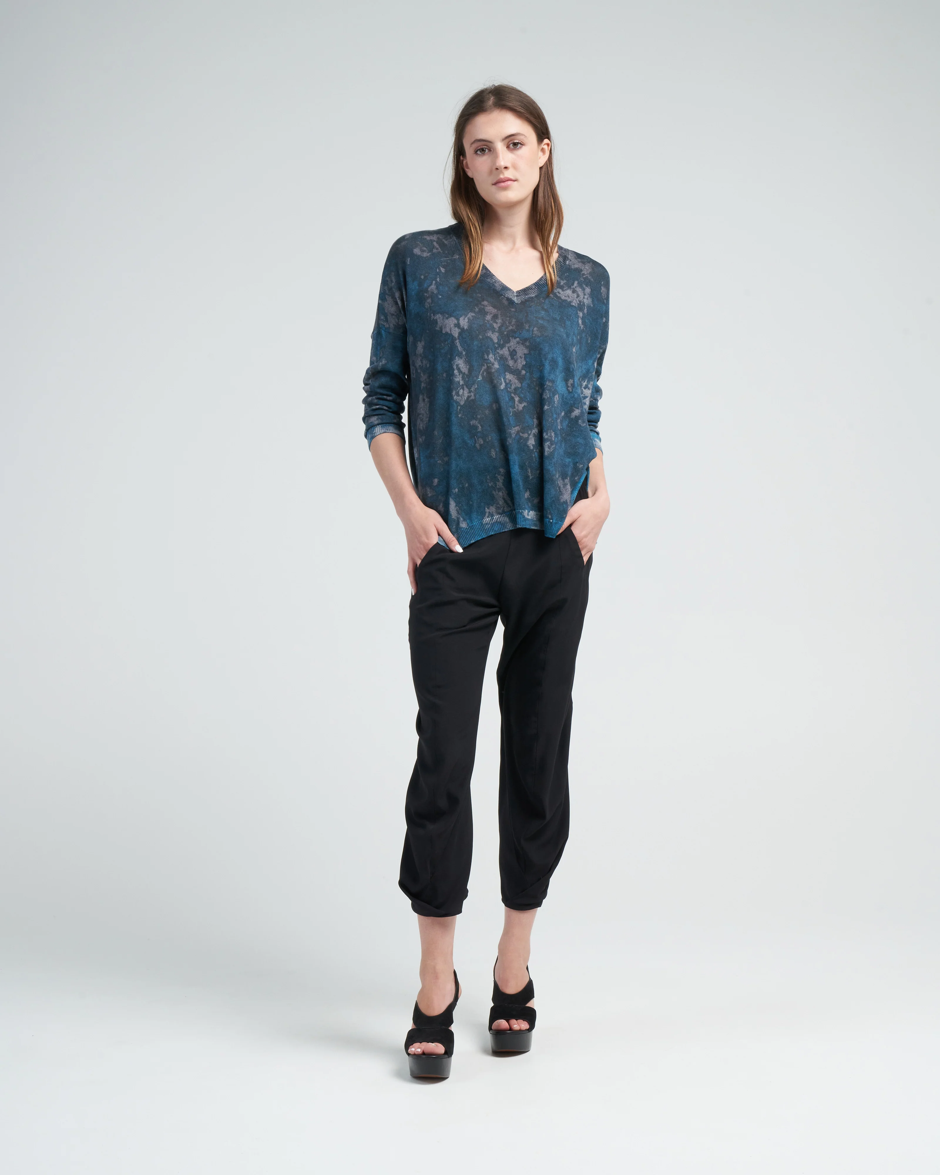 camouflage silk v neck over pullover - dark teal - Image 2