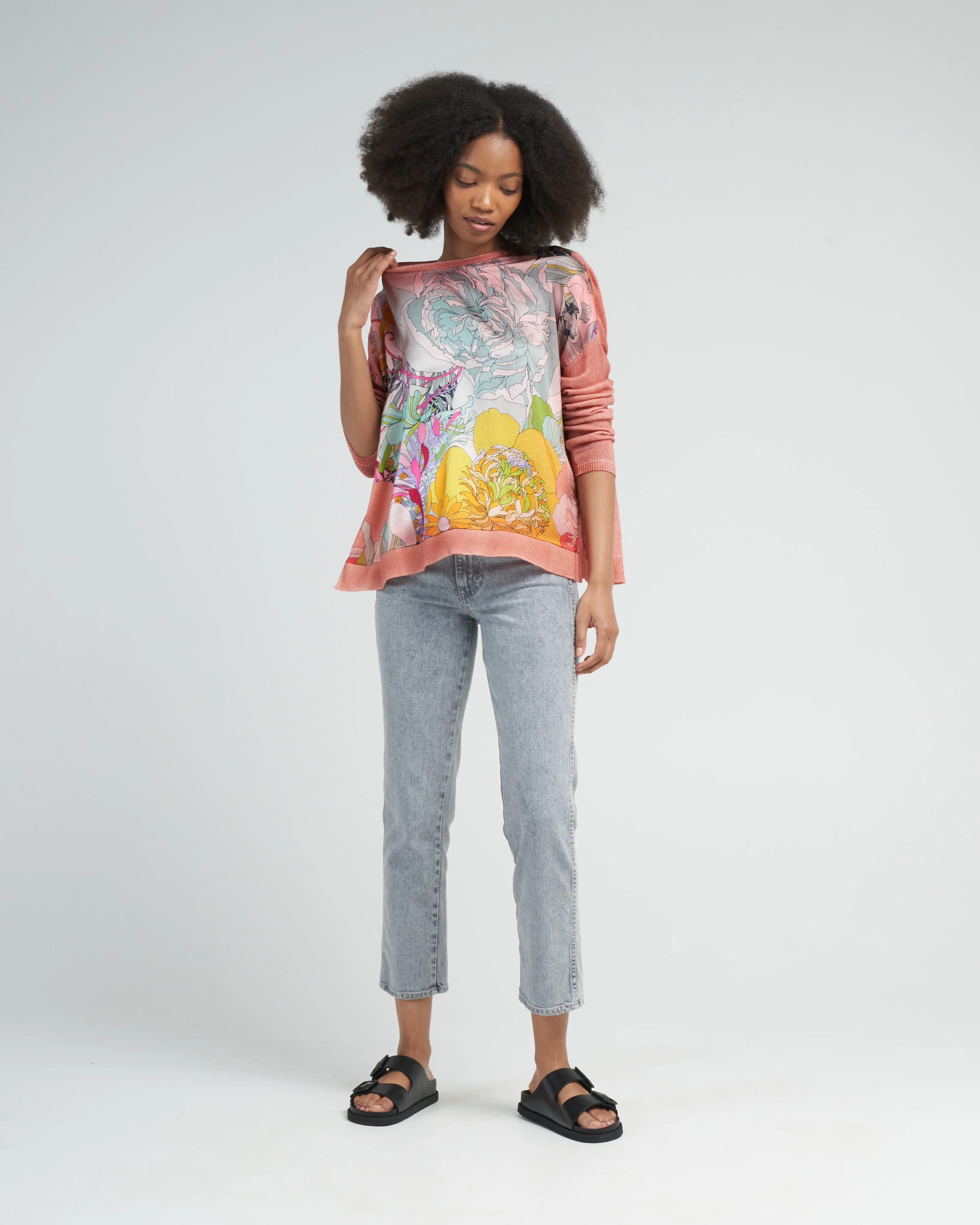 cashmere silk round neck pullover with front peonies silk - rosa - Image 2