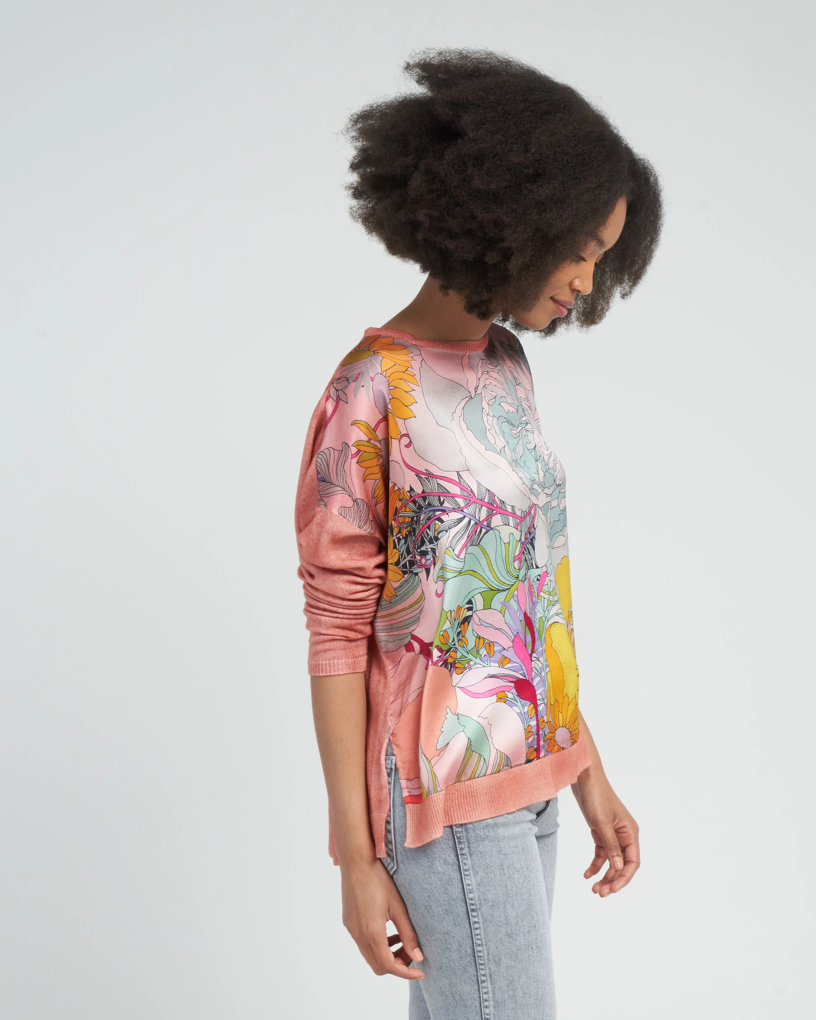 cashmere silk round neck pullover with front peonies silk - rosa - Image 3