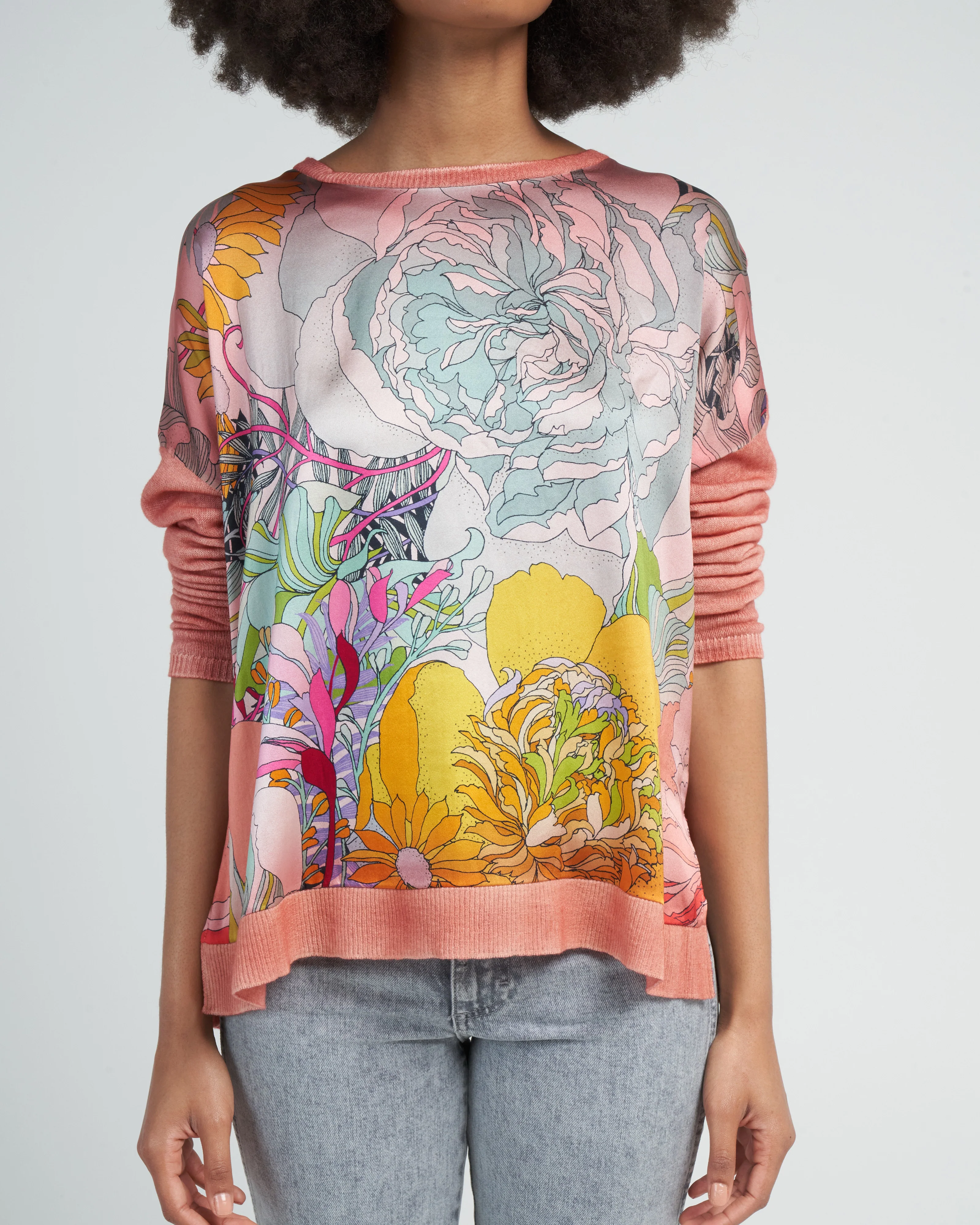 cashmere silk round neck pullover with front peonies silk - rosa - Image 5