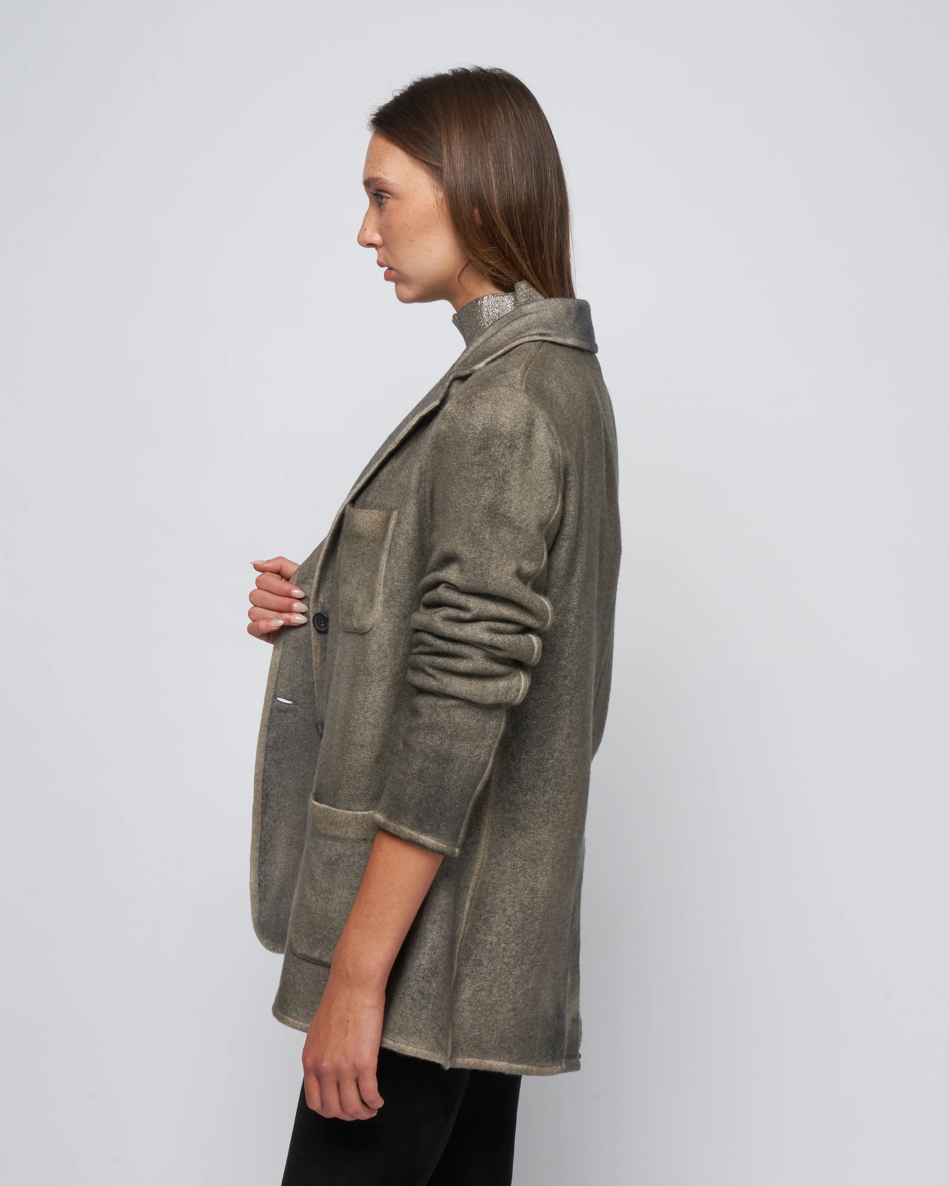cashmere wool net rever jacket - mushroom - Image 3