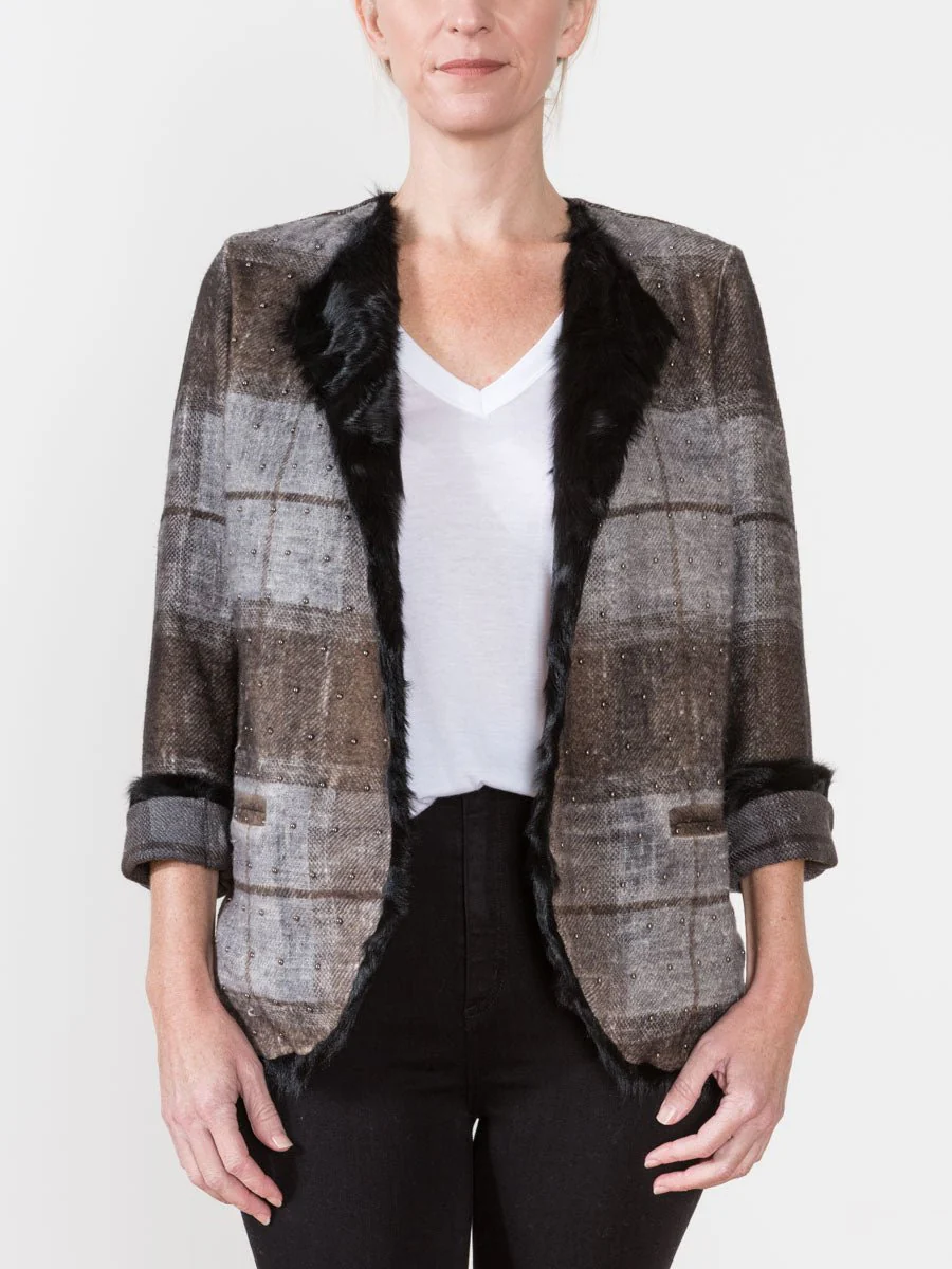 check jacket with fur and studs - Image 2