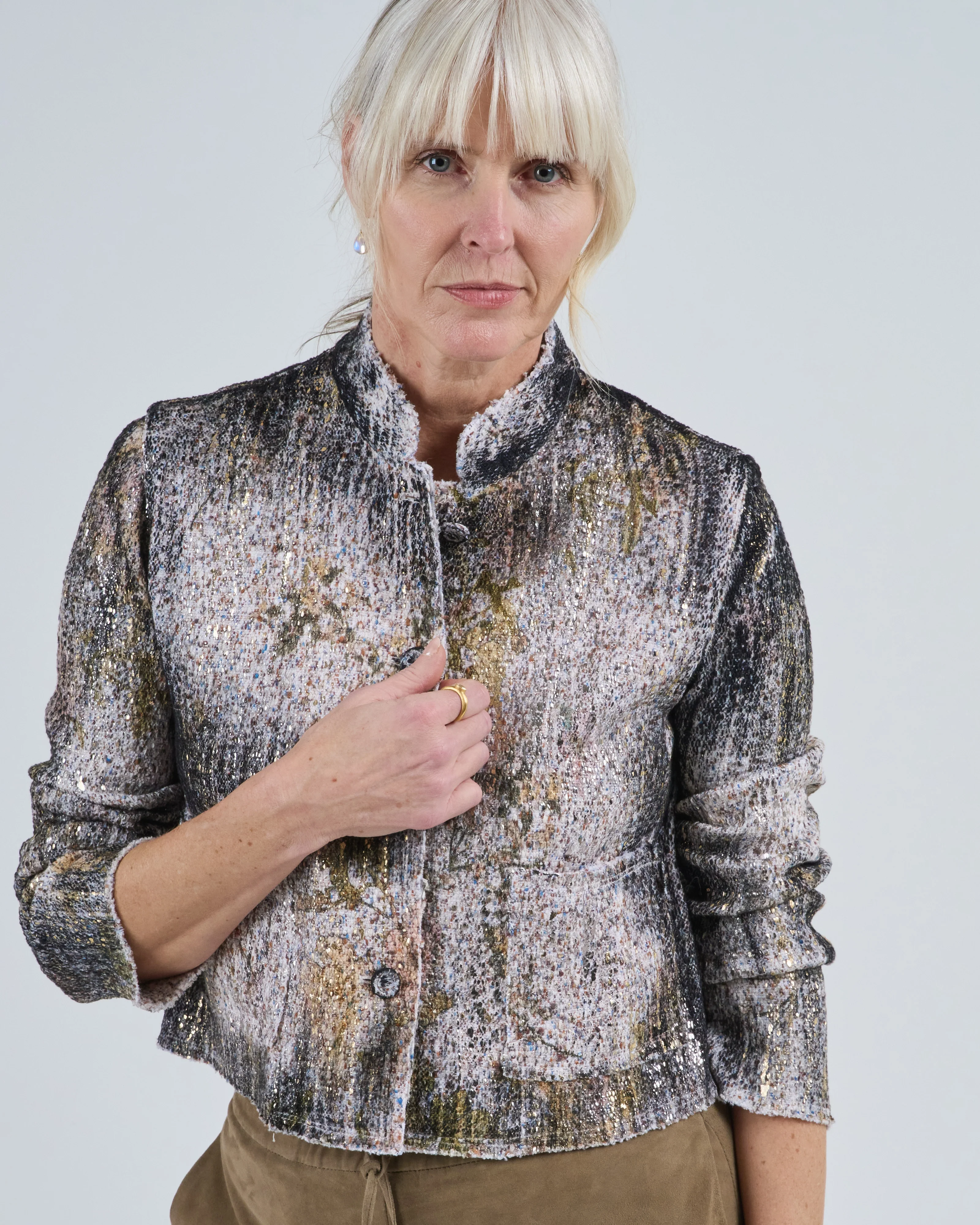 cherry bloom print round neck jacket with scratched effect and lamination