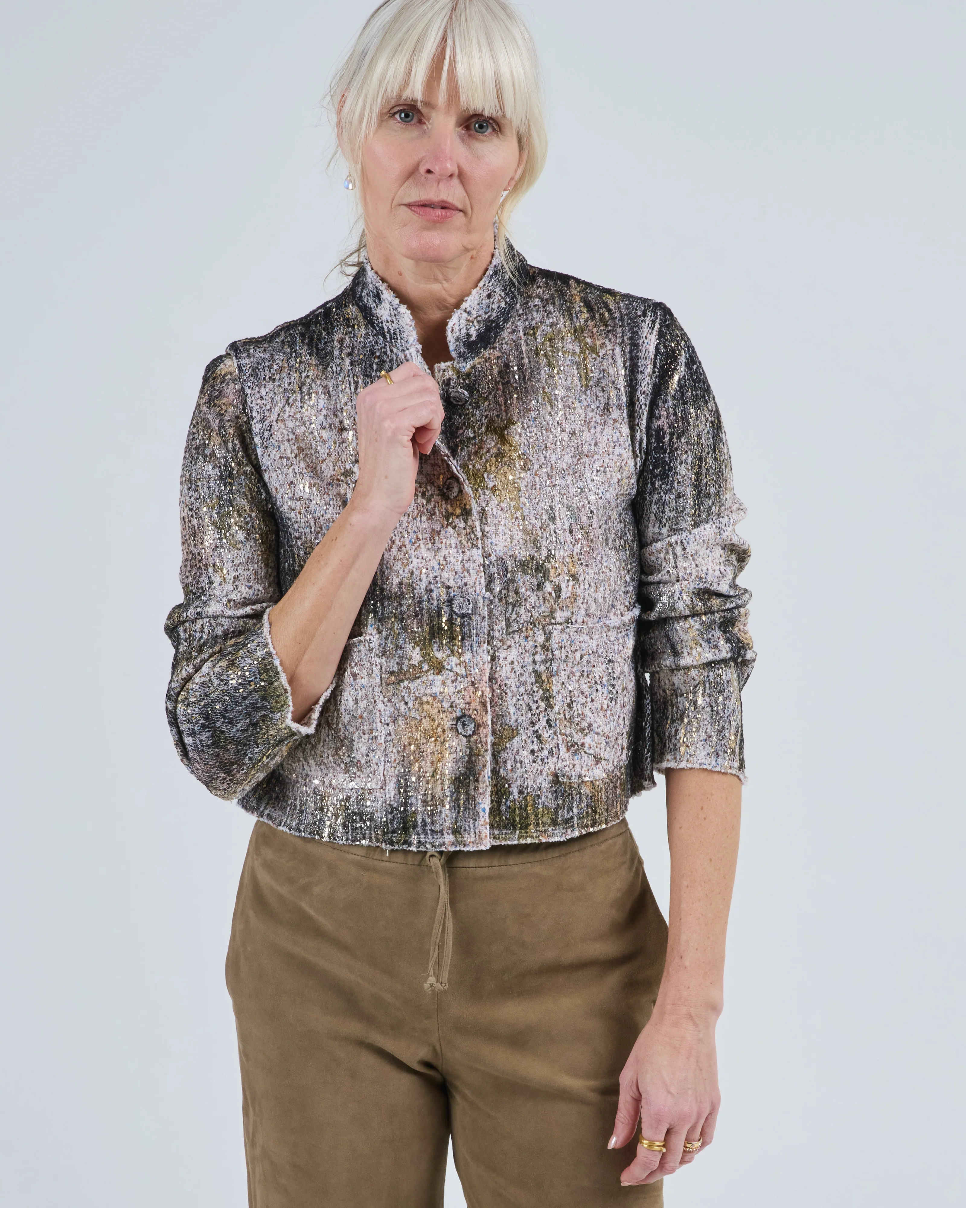 cherry bloom print round neck jacket with scratched effect and lamination - Image 2