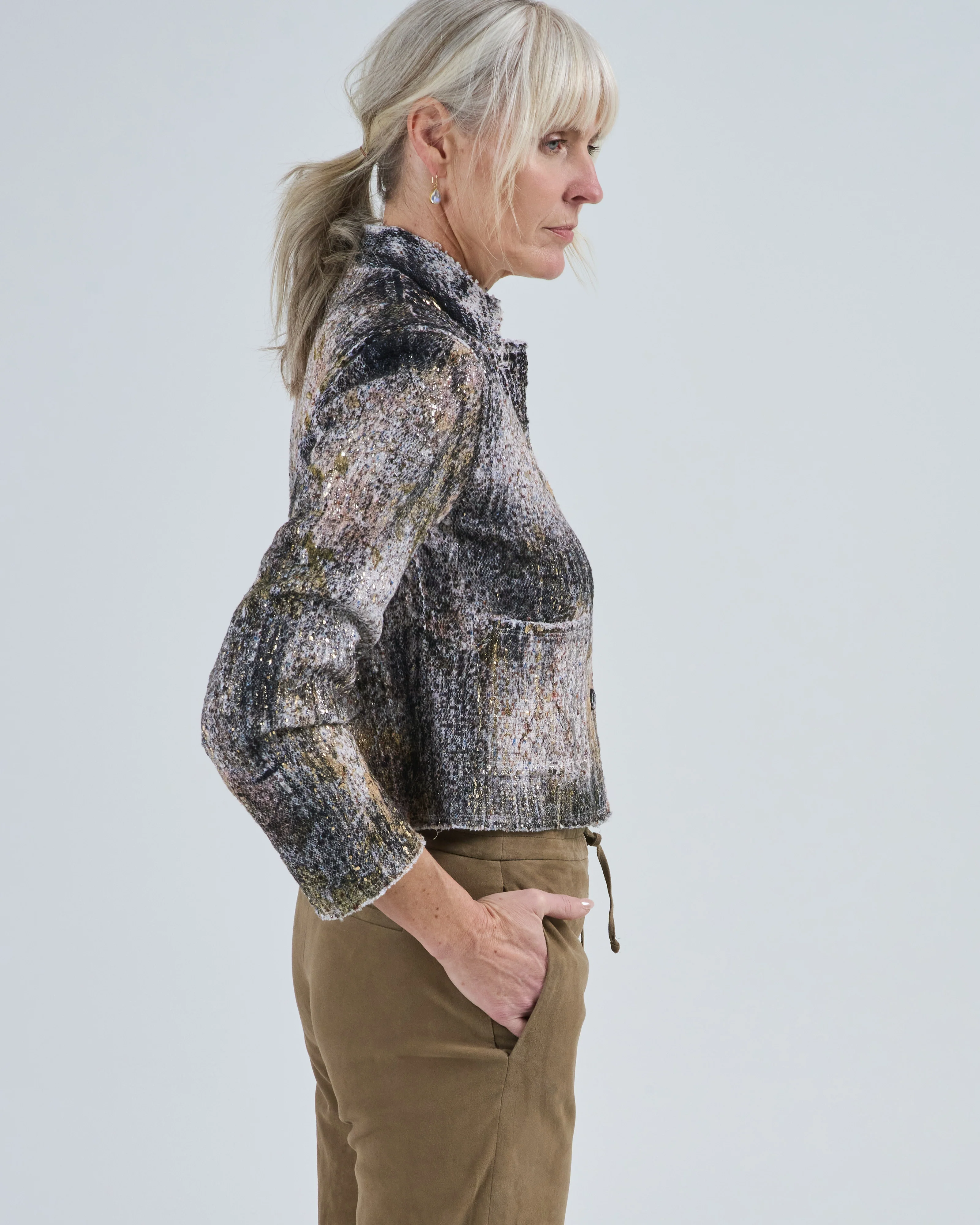 cherry bloom print round neck jacket with scratched effect and lamination - Image 3