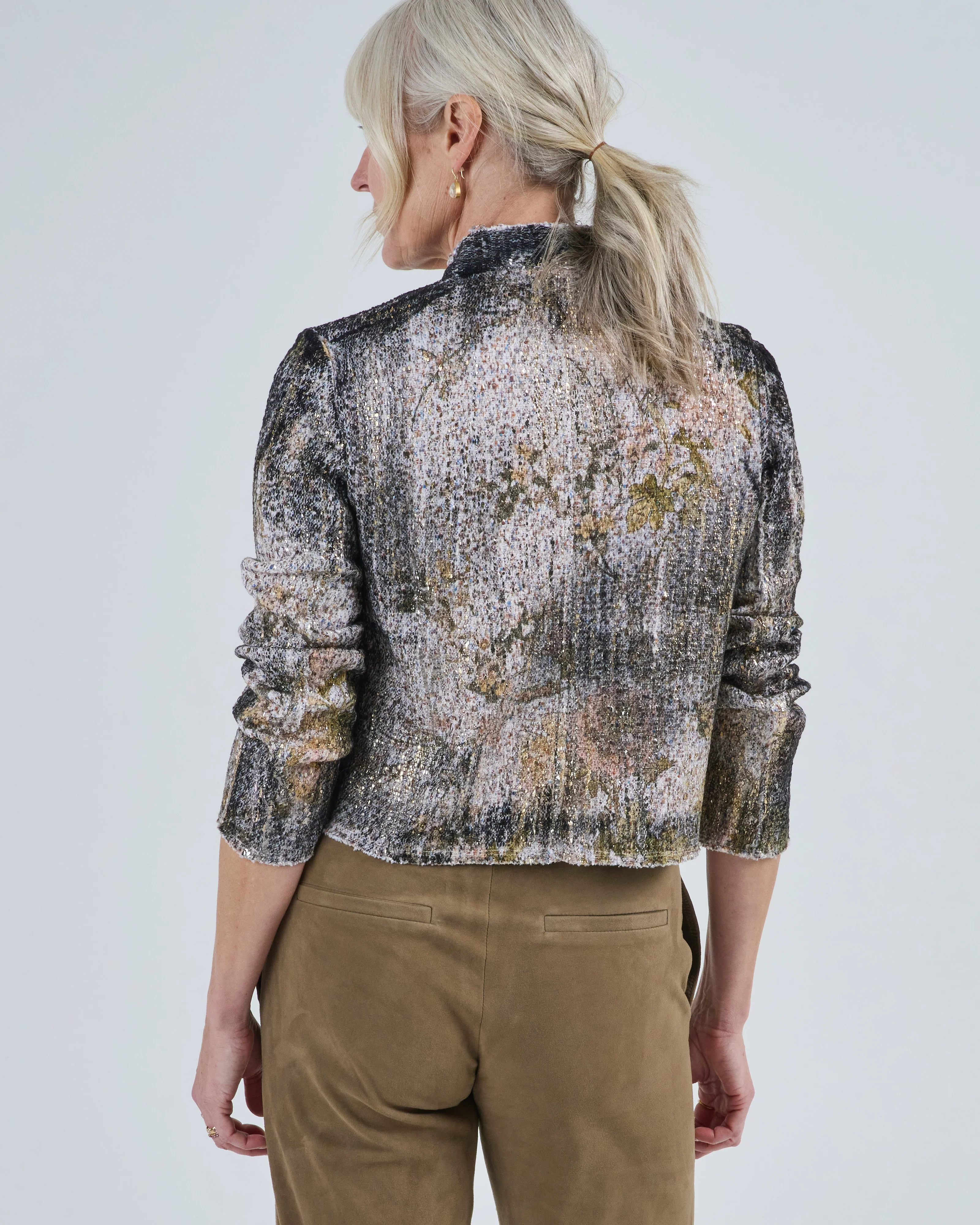 cherry bloom print round neck jacket with scratched effect and lamination - Image 4