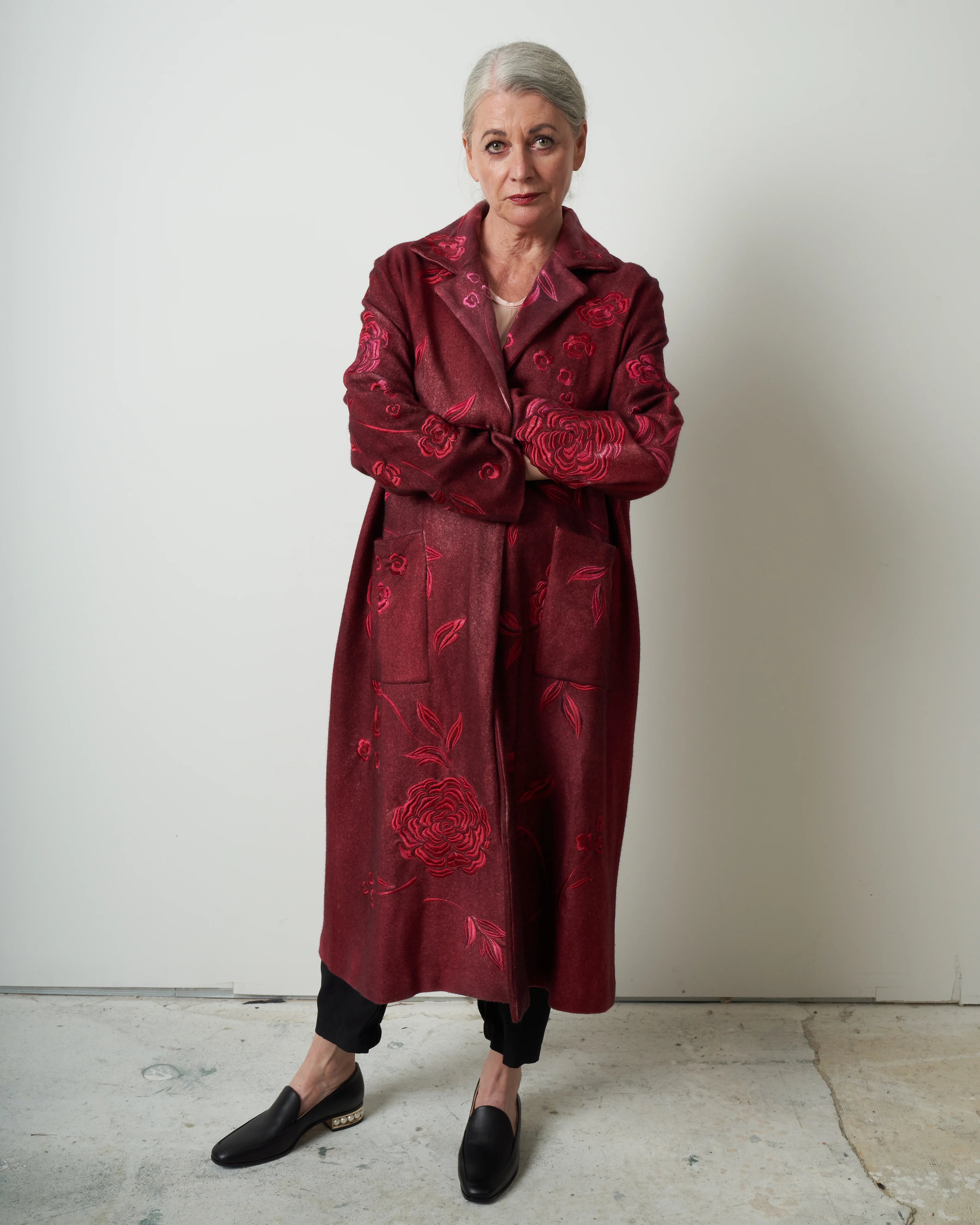 felted rever coat with roses embroidery - wine - Image 2