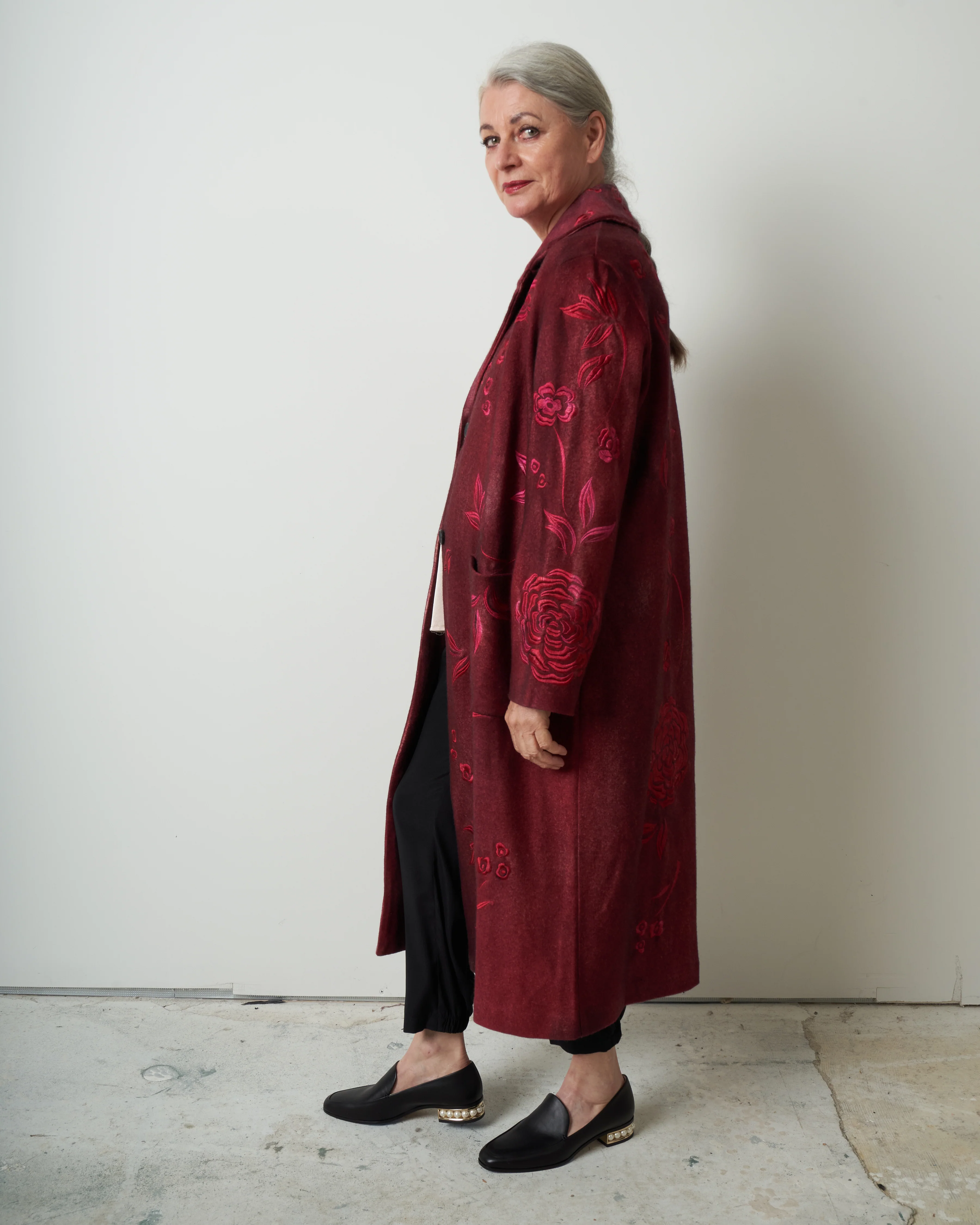 felted rever coat with roses embroidery - wine - Image 3