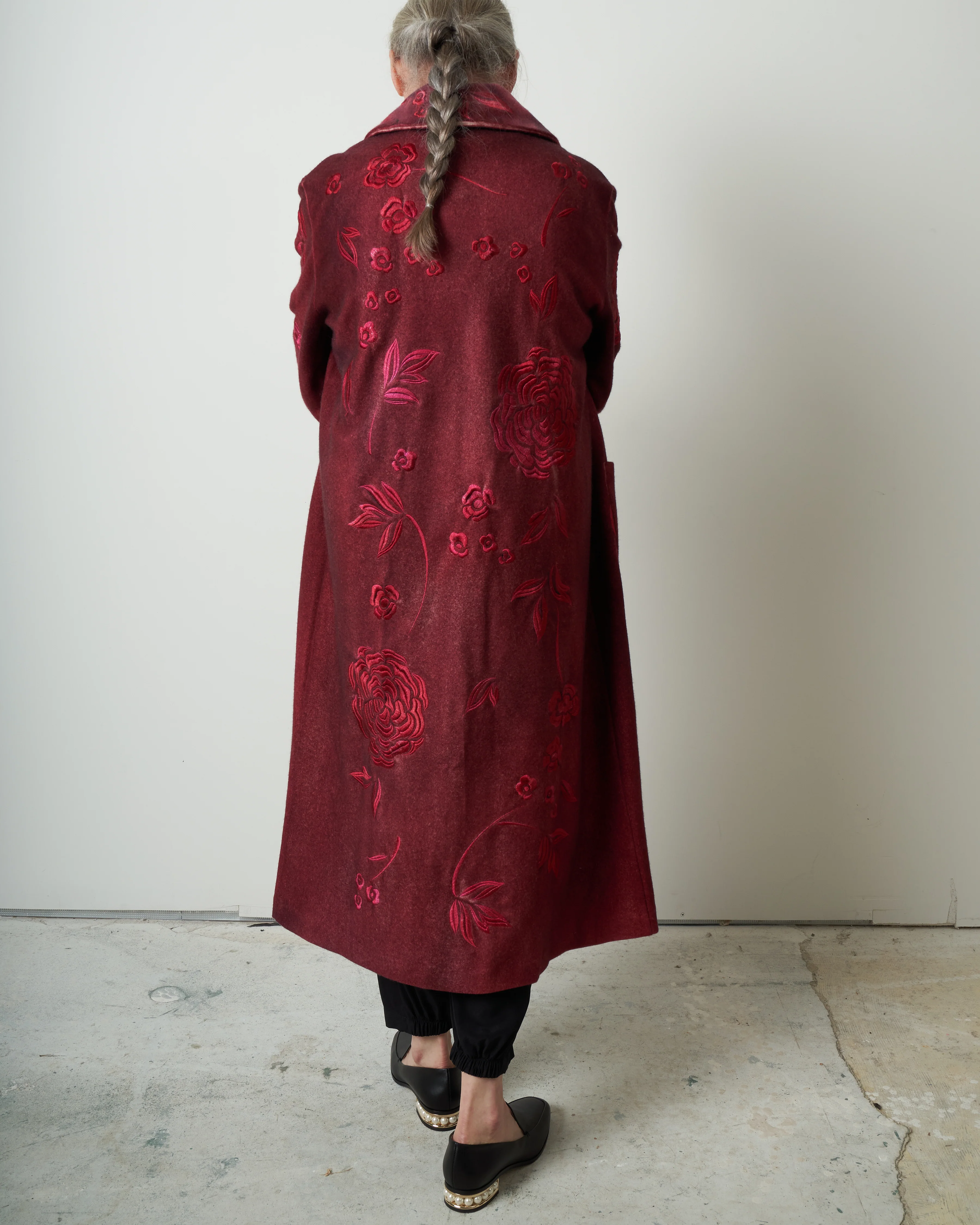 felted rever coat with roses embroidery - wine - Image 4