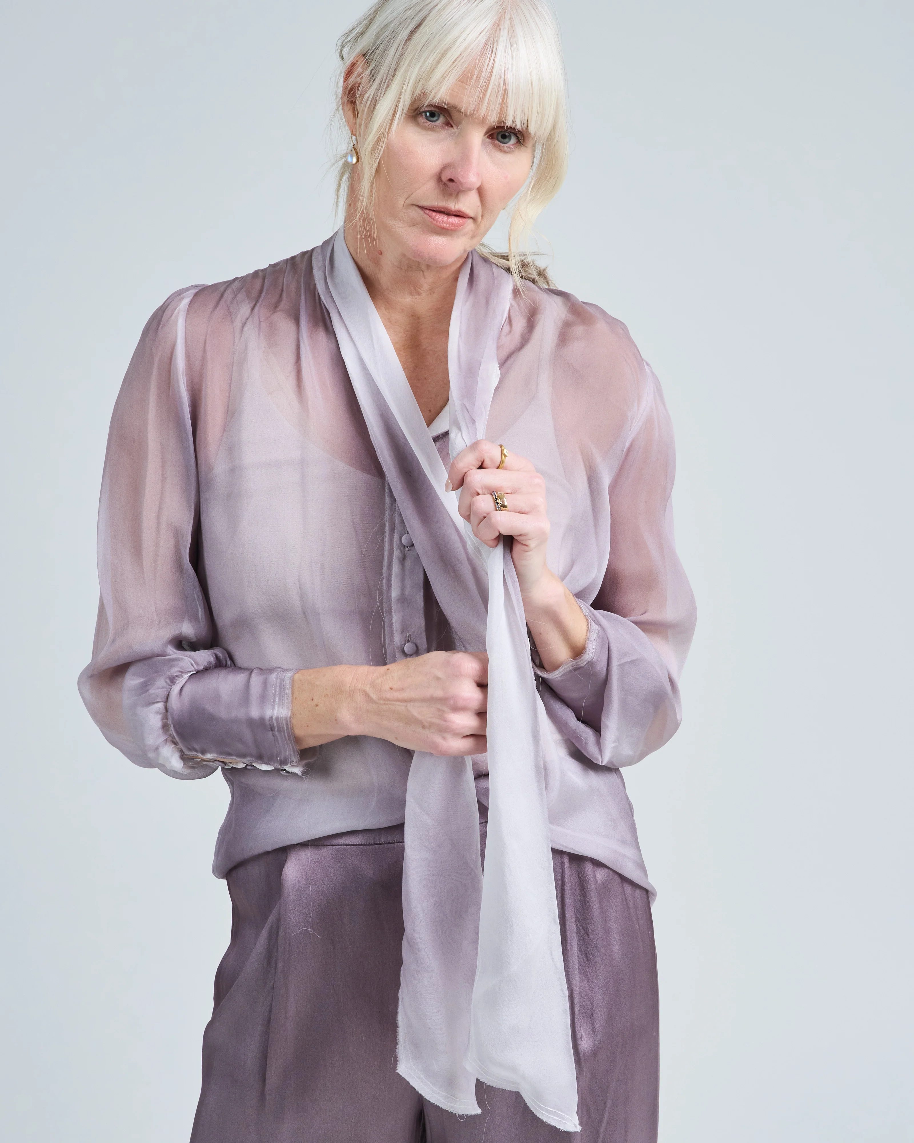 hand painted silk chiffon shirt with bow