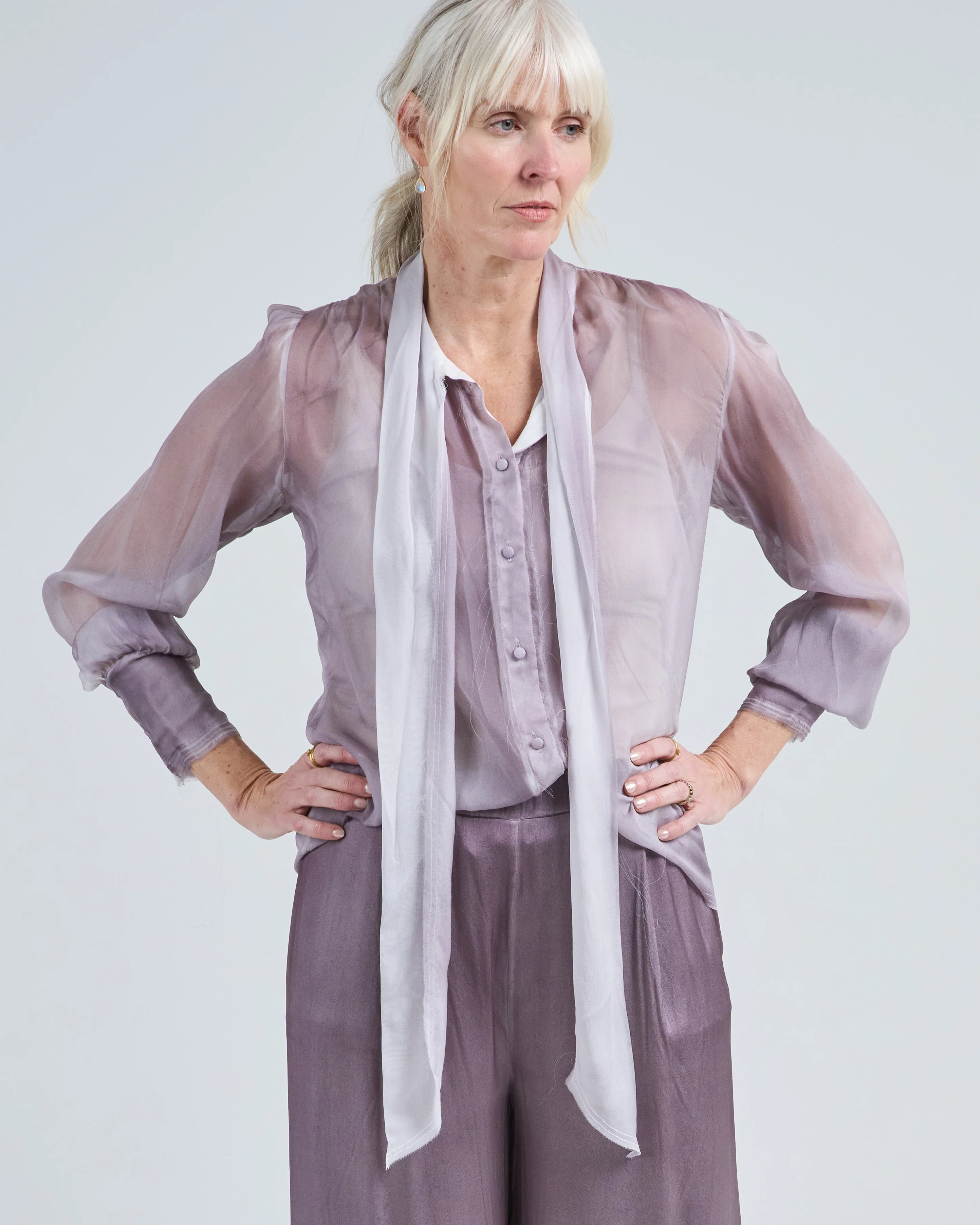 hand painted silk chiffon shirt with bow - Image 3
