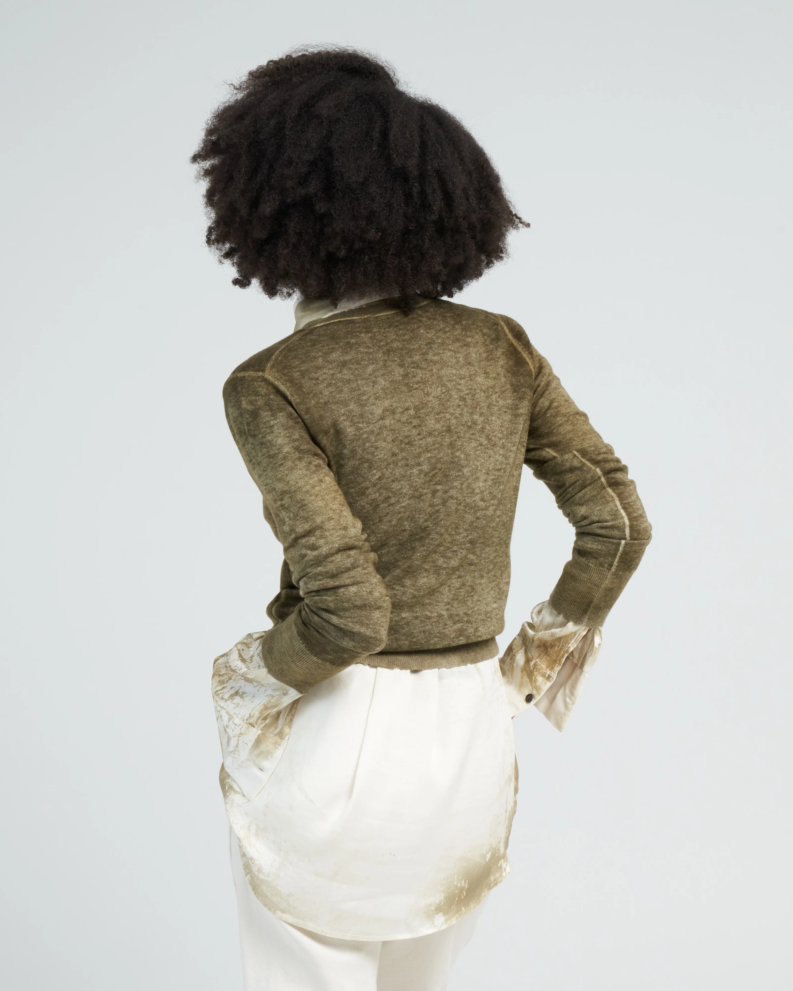 hand painted ultralight cashmere wool v neck pullover - dark kaki - Image 5