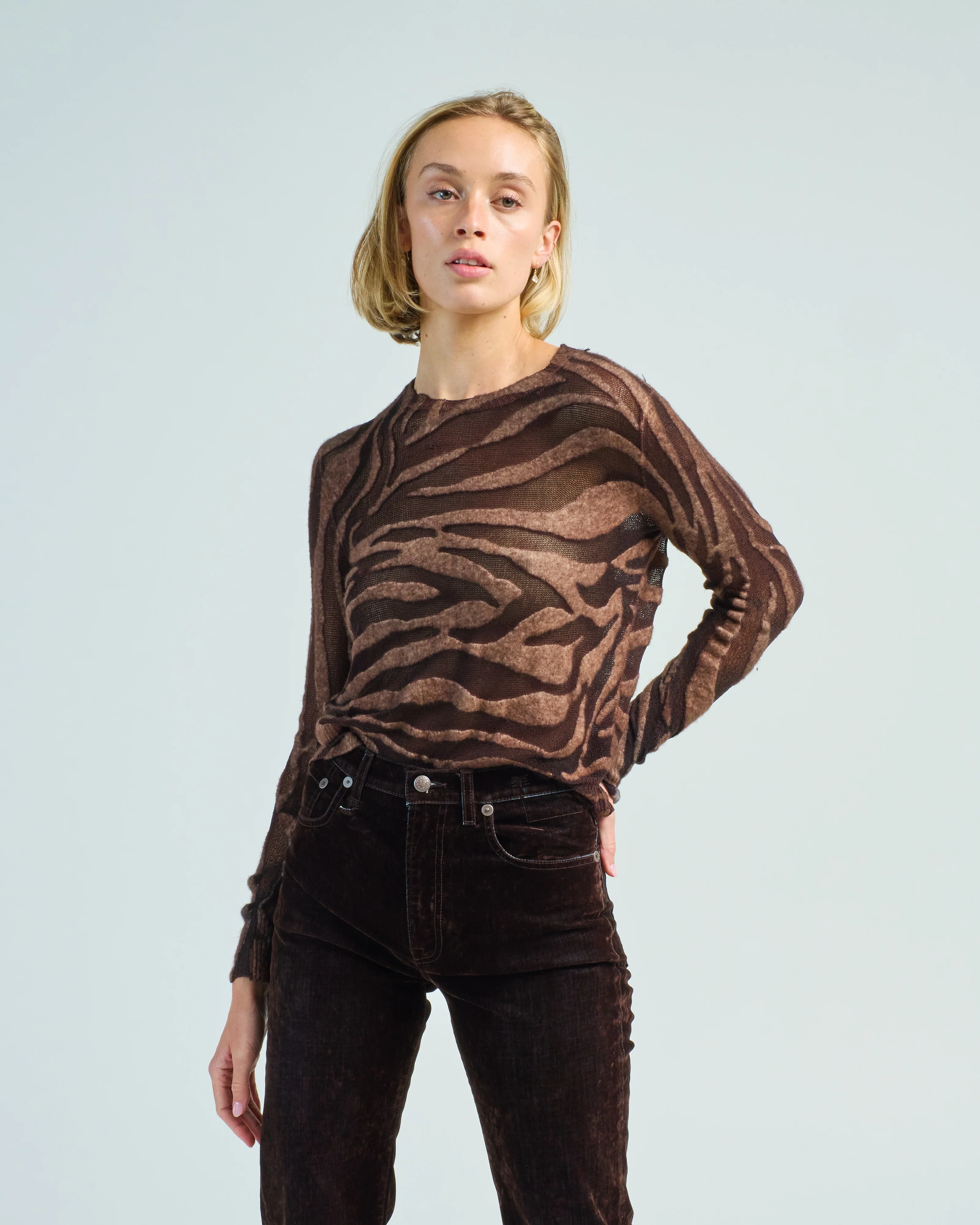 hand painted zebra devore' effect round neck pullover