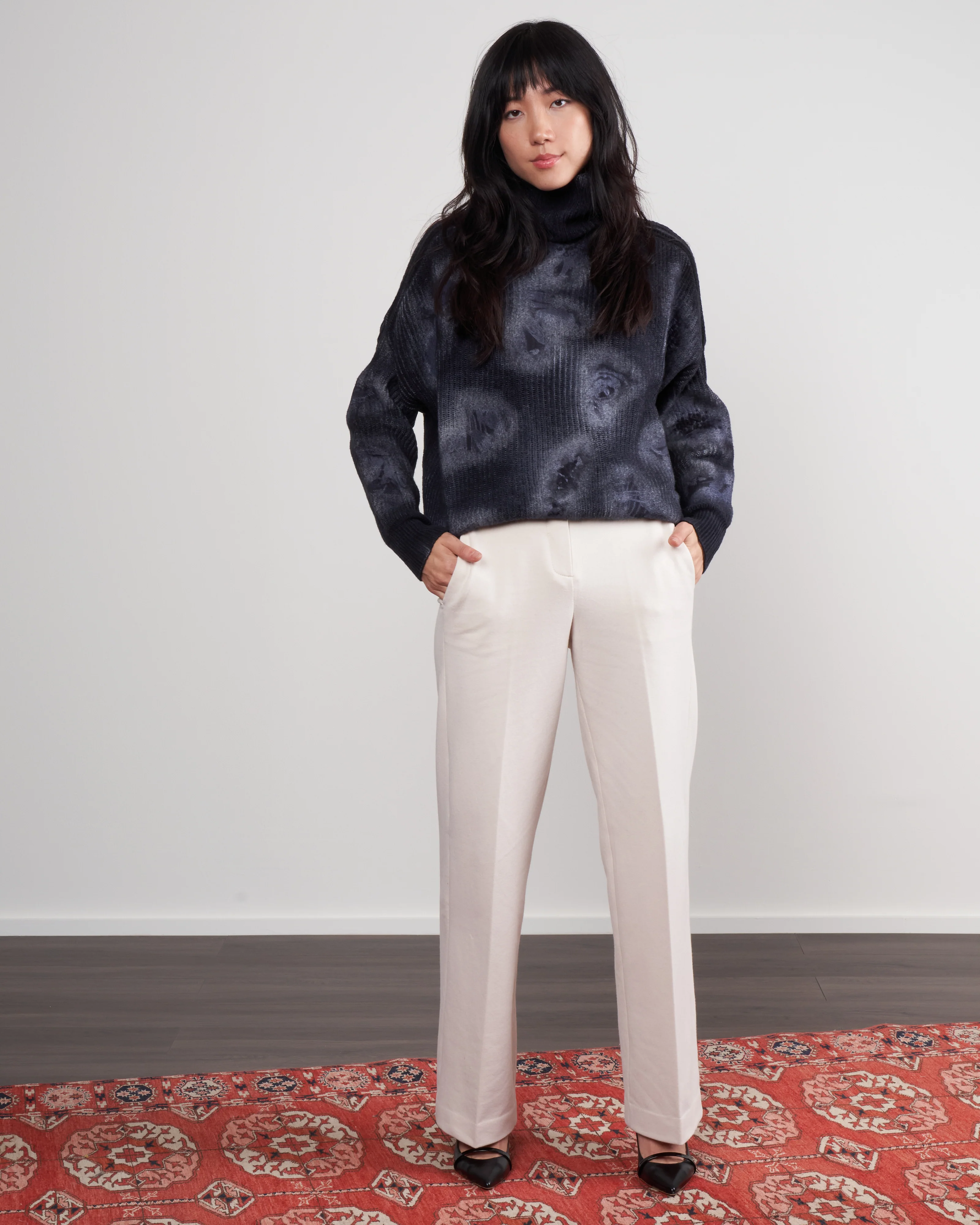 high neck braiding stitch pullover with sunflowers silk details - navy - Image 2