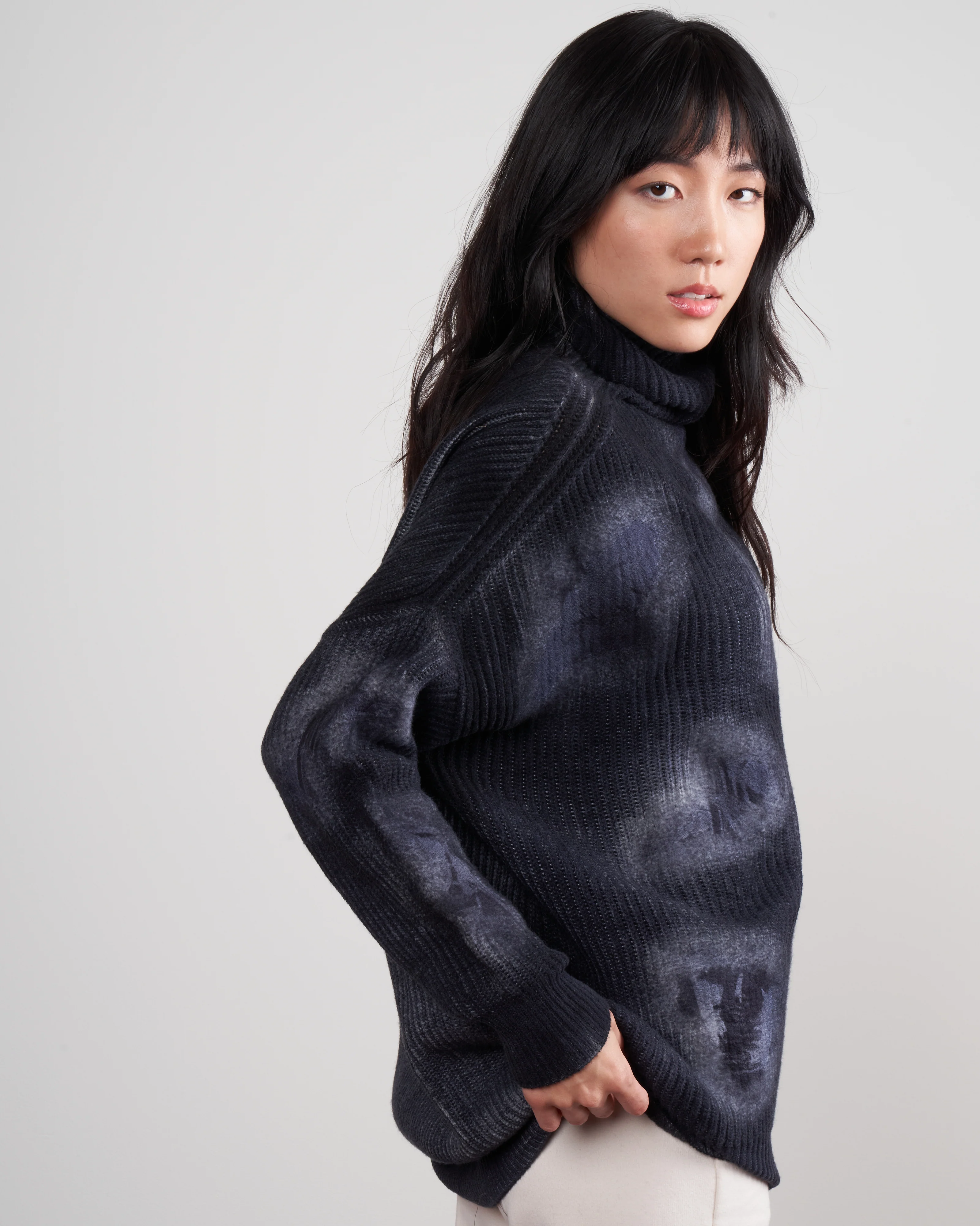 high neck braiding stitch pullover with sunflowers silk details - navy - Image 3