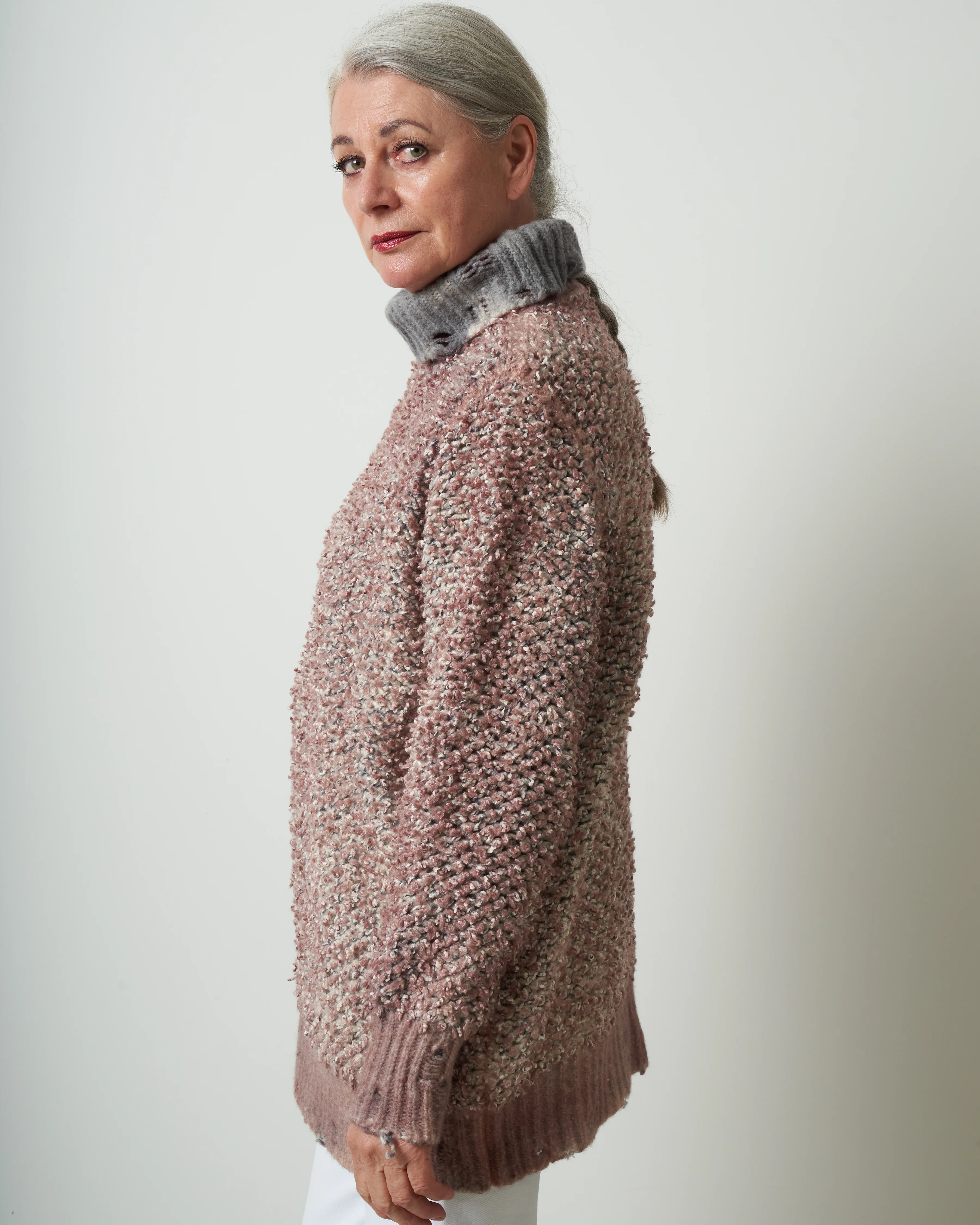 high neck chenille pullover with destroyed edges - satin - Image 2