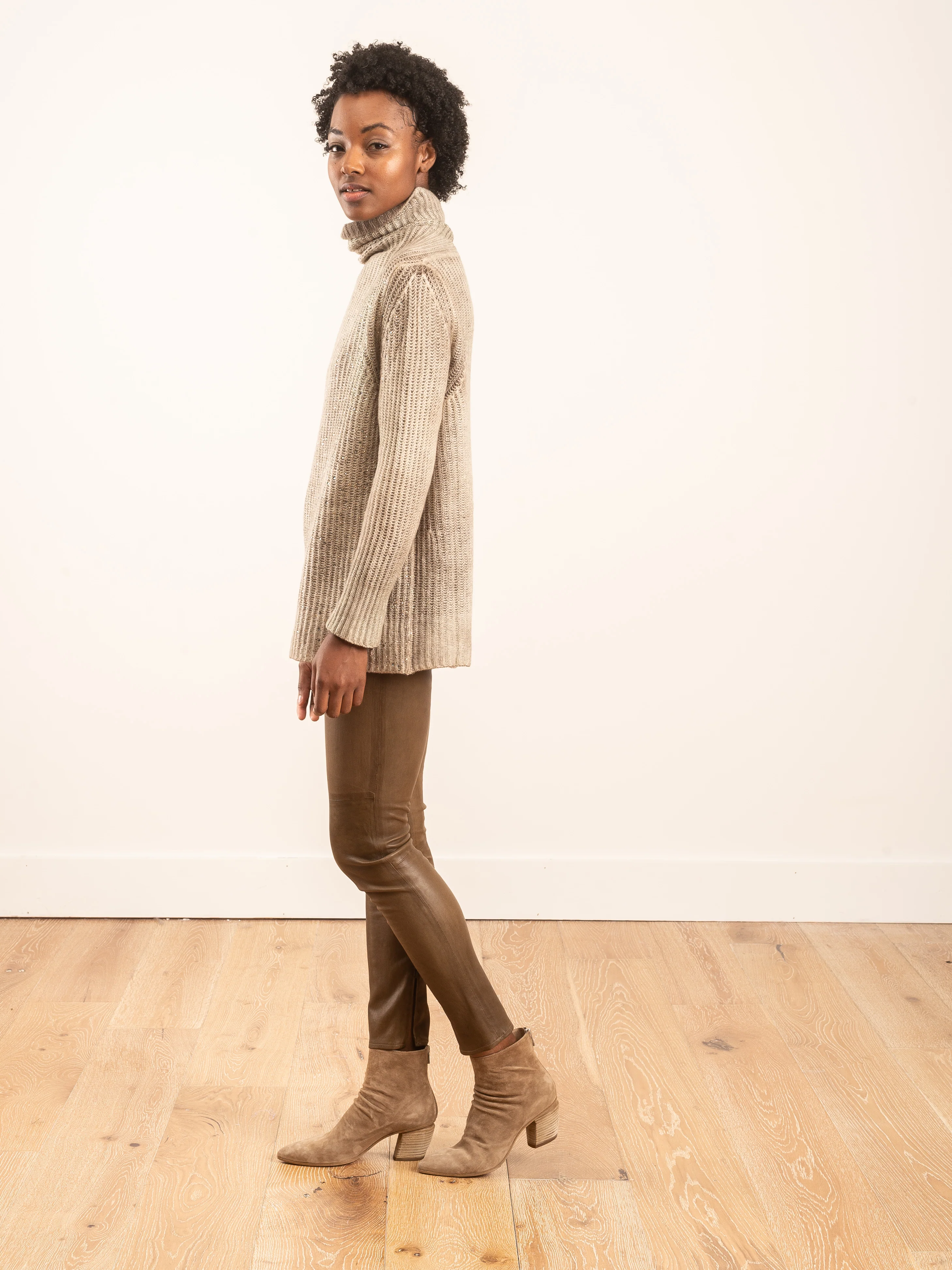 high neck stretch pullover with lamination and studs - Image 2