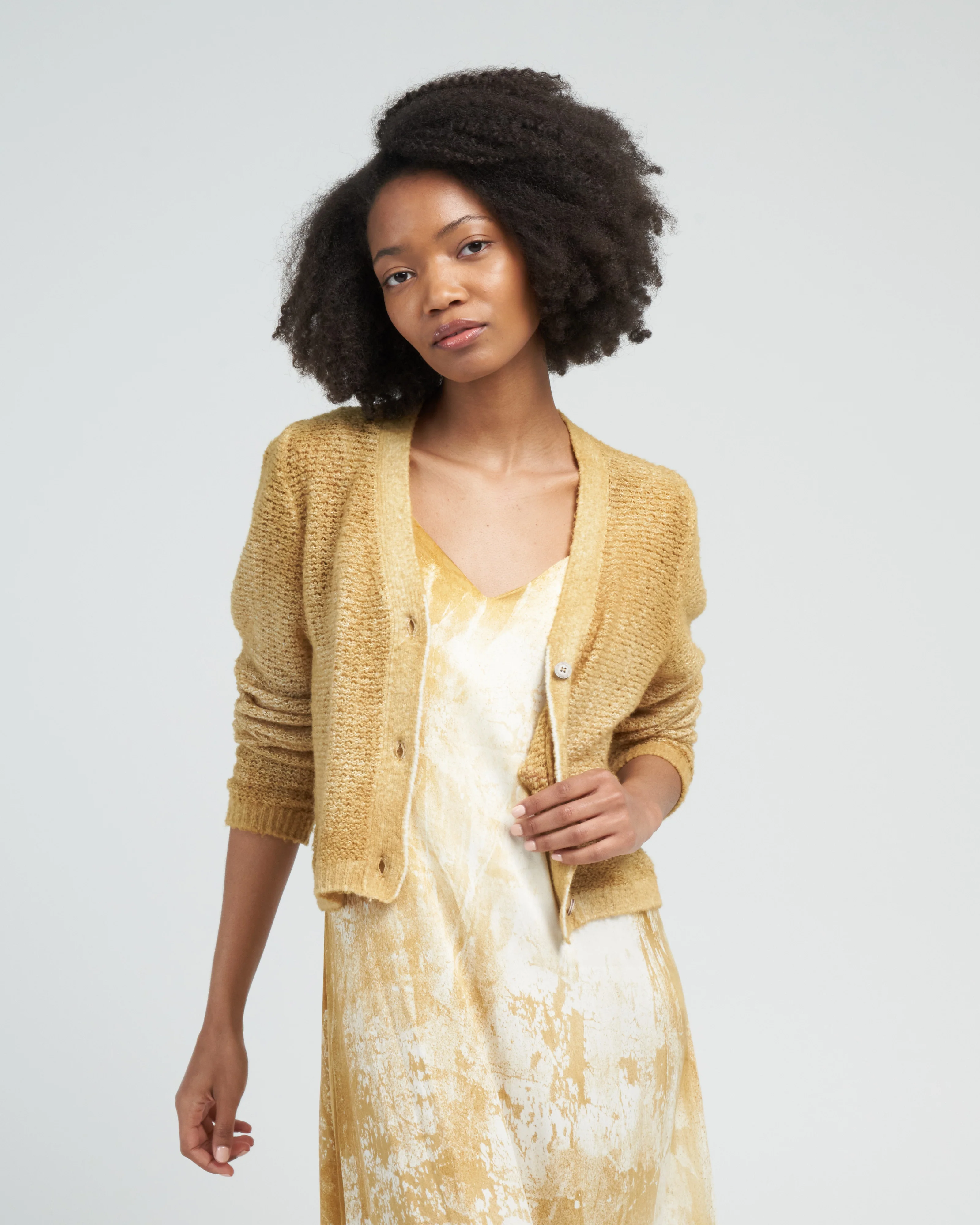 irregular stitch brushed cotton/linen v neck cardigan - oil - Image 2