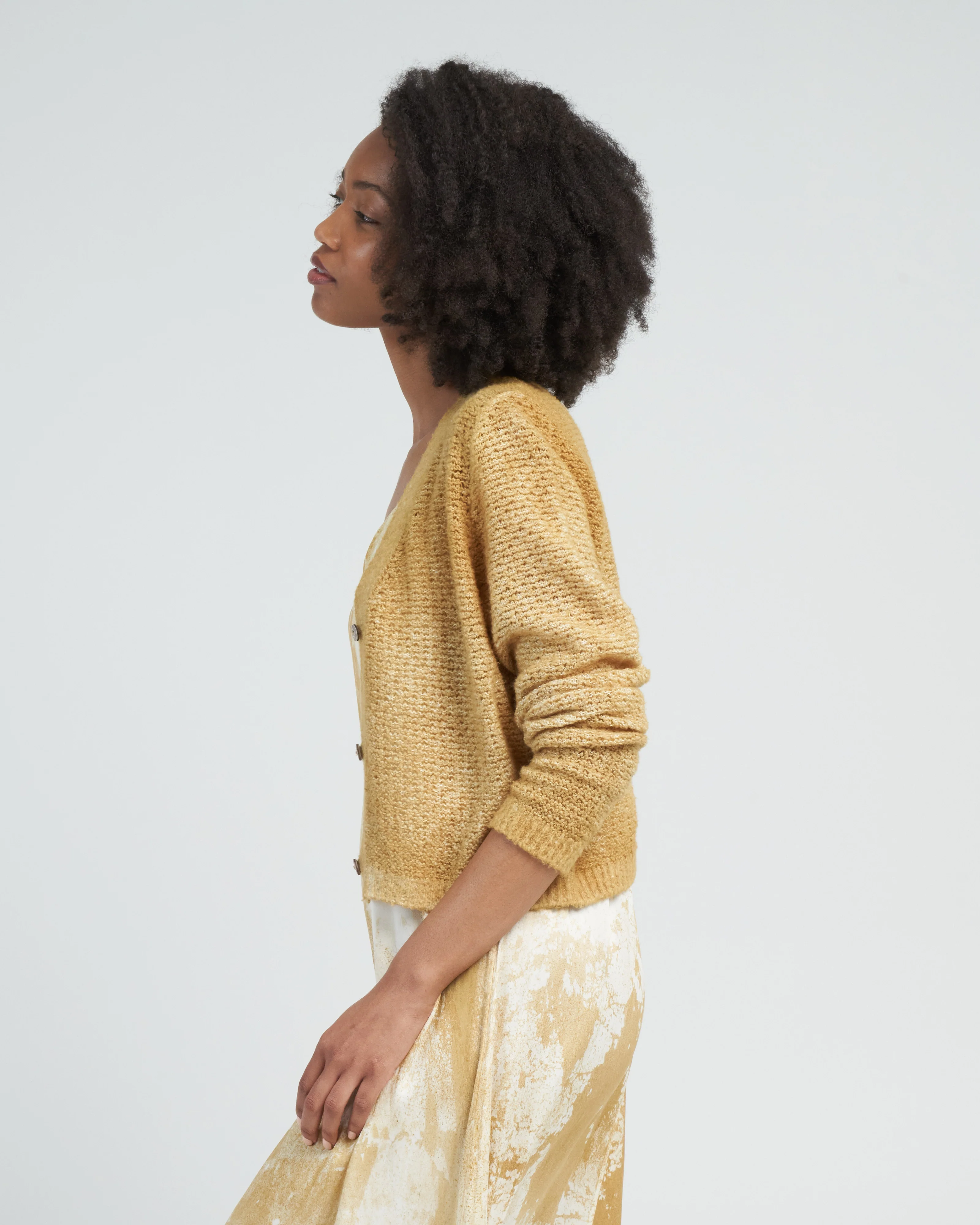 irregular stitch brushed cotton/linen v neck cardigan - oil - Image 4