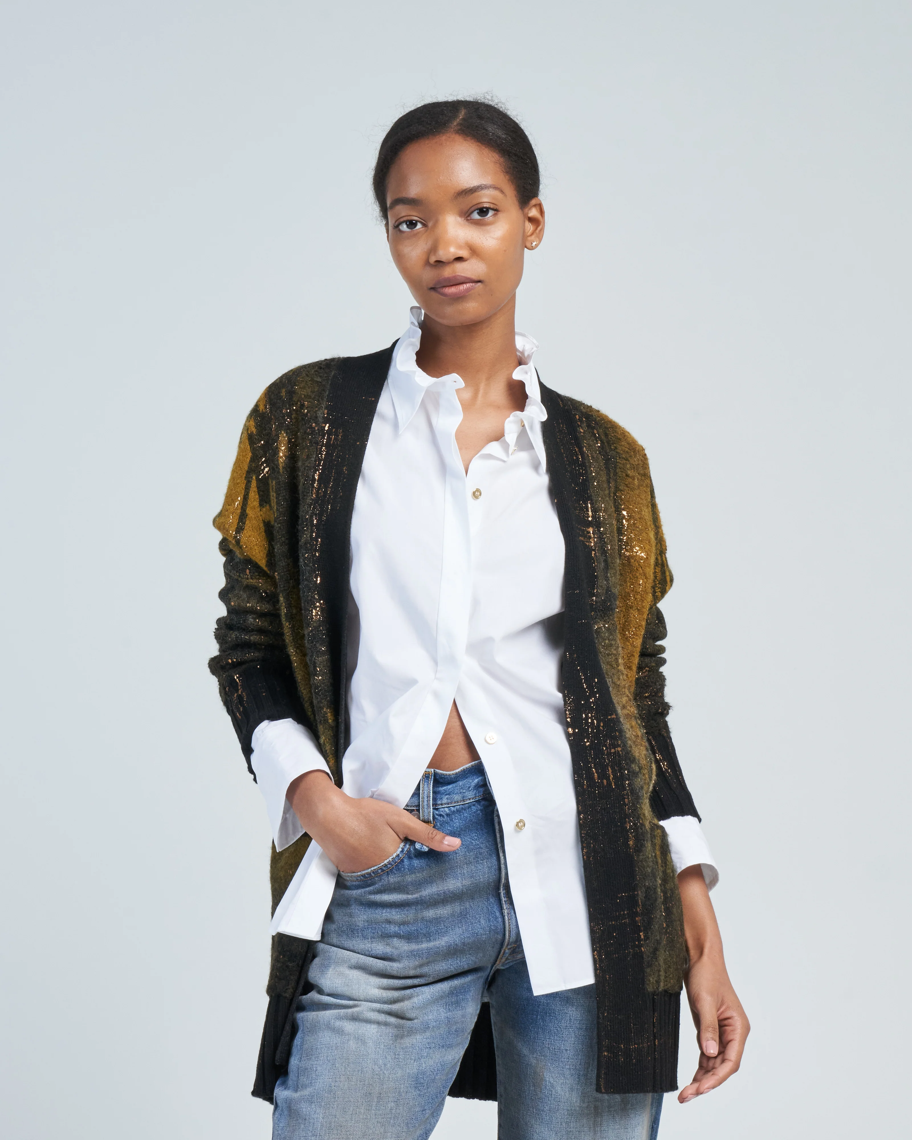 jacquard punk shawl cardigan with lamination - Image 3