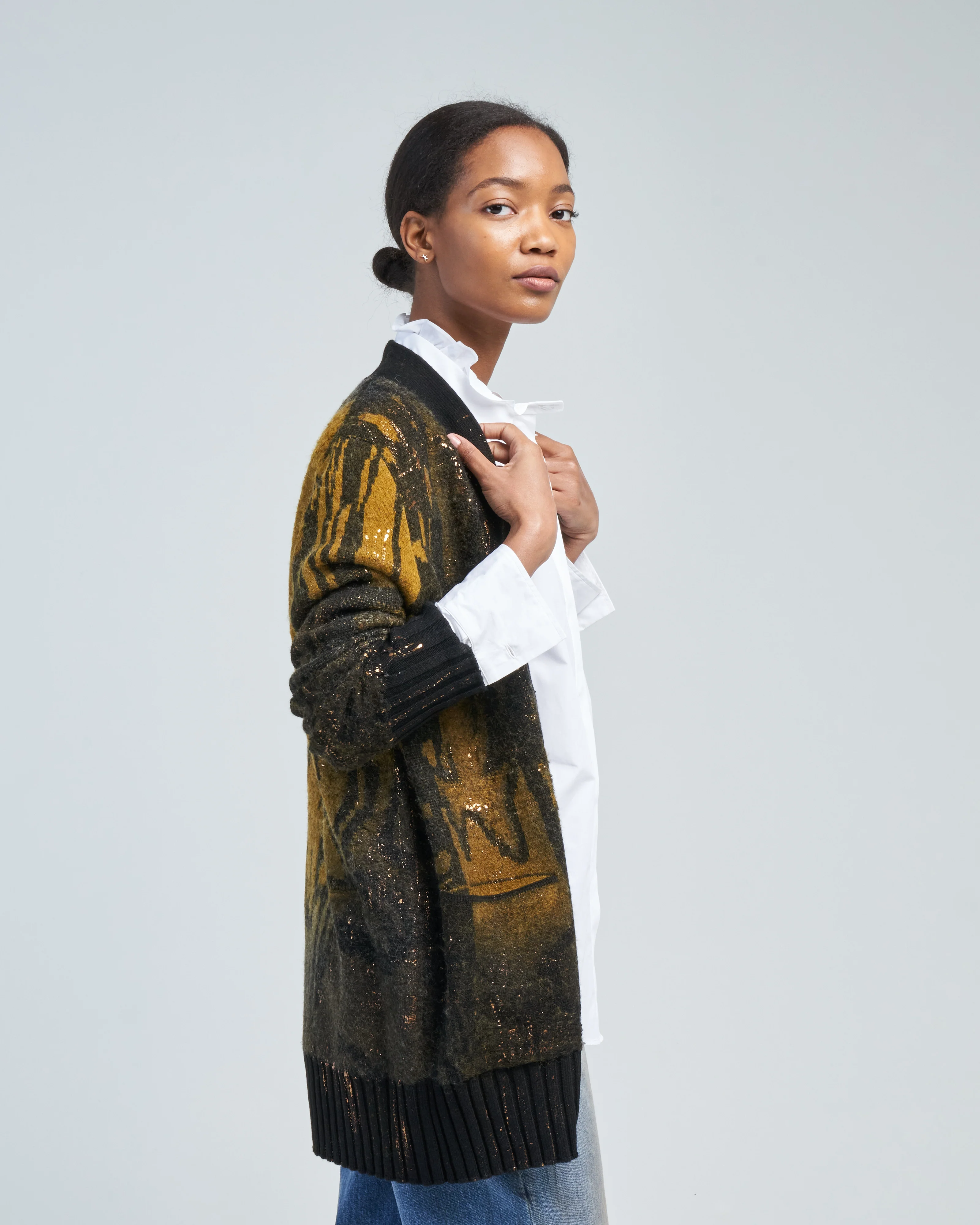 jacquard punk shawl cardigan with lamination - Image 4