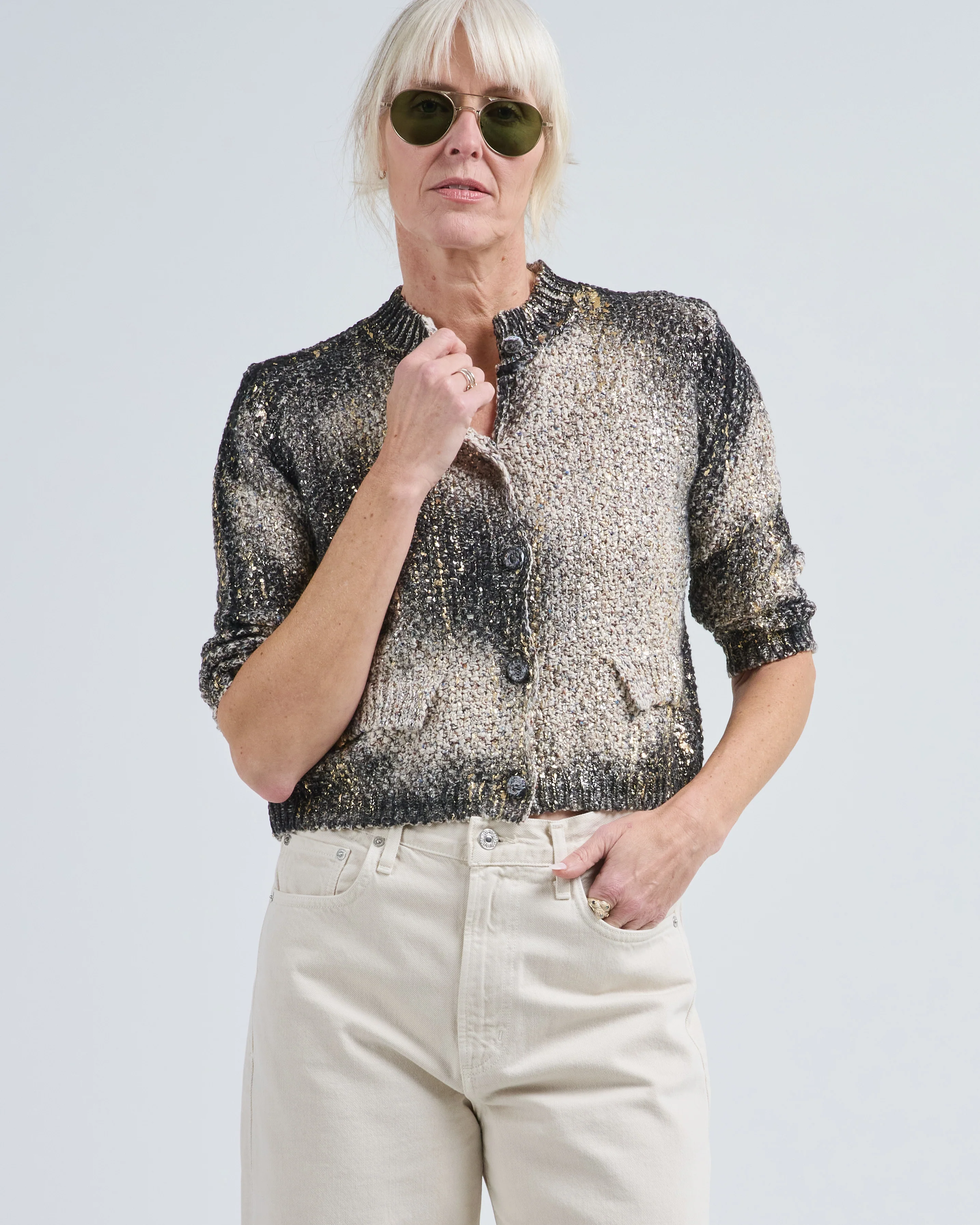 laminated scratched effect moss stitch round neck jacket - Image 3