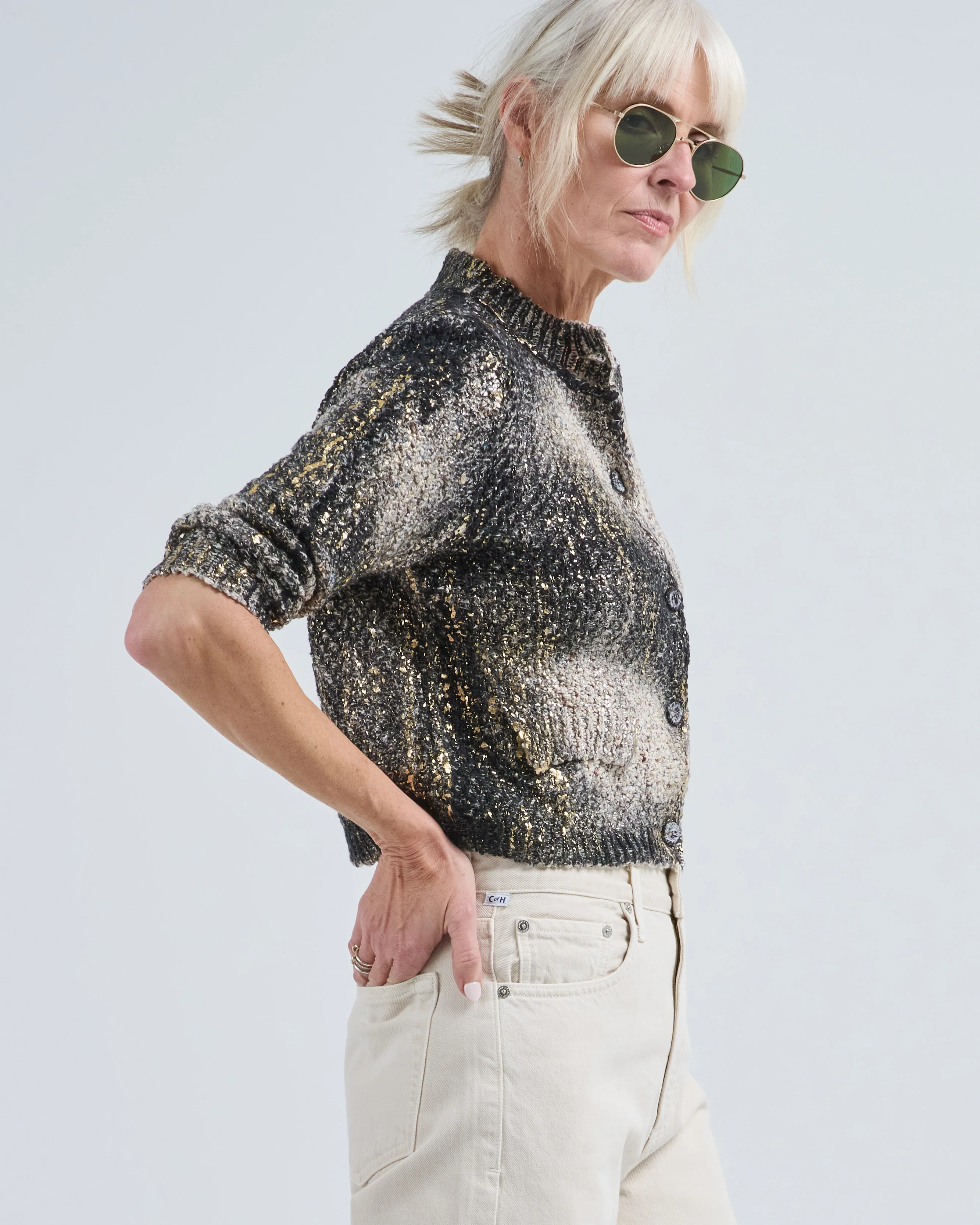 laminated scratched effect moss stitch round neck jacket - Image 4