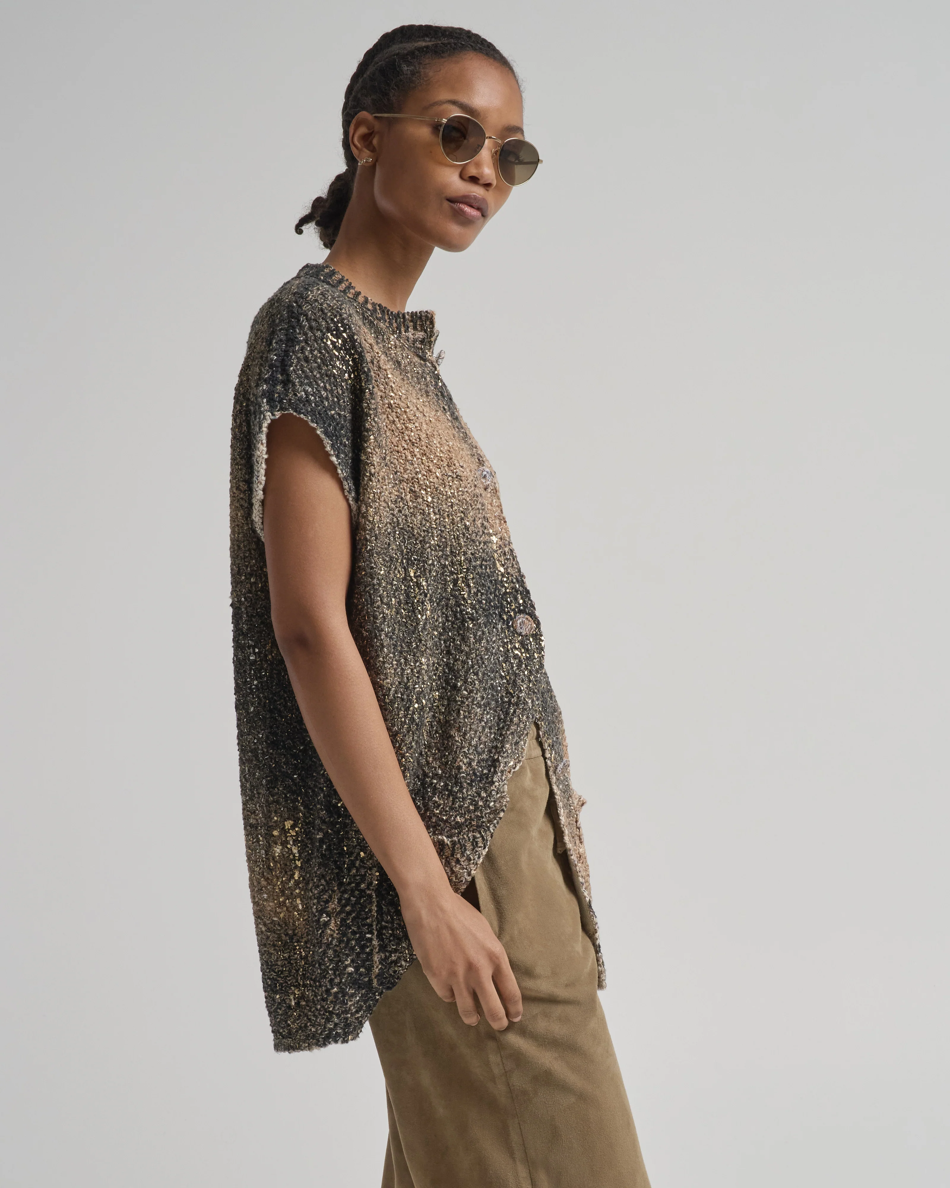 laminated scratched effect moss stitch round neck vest - Image 3
