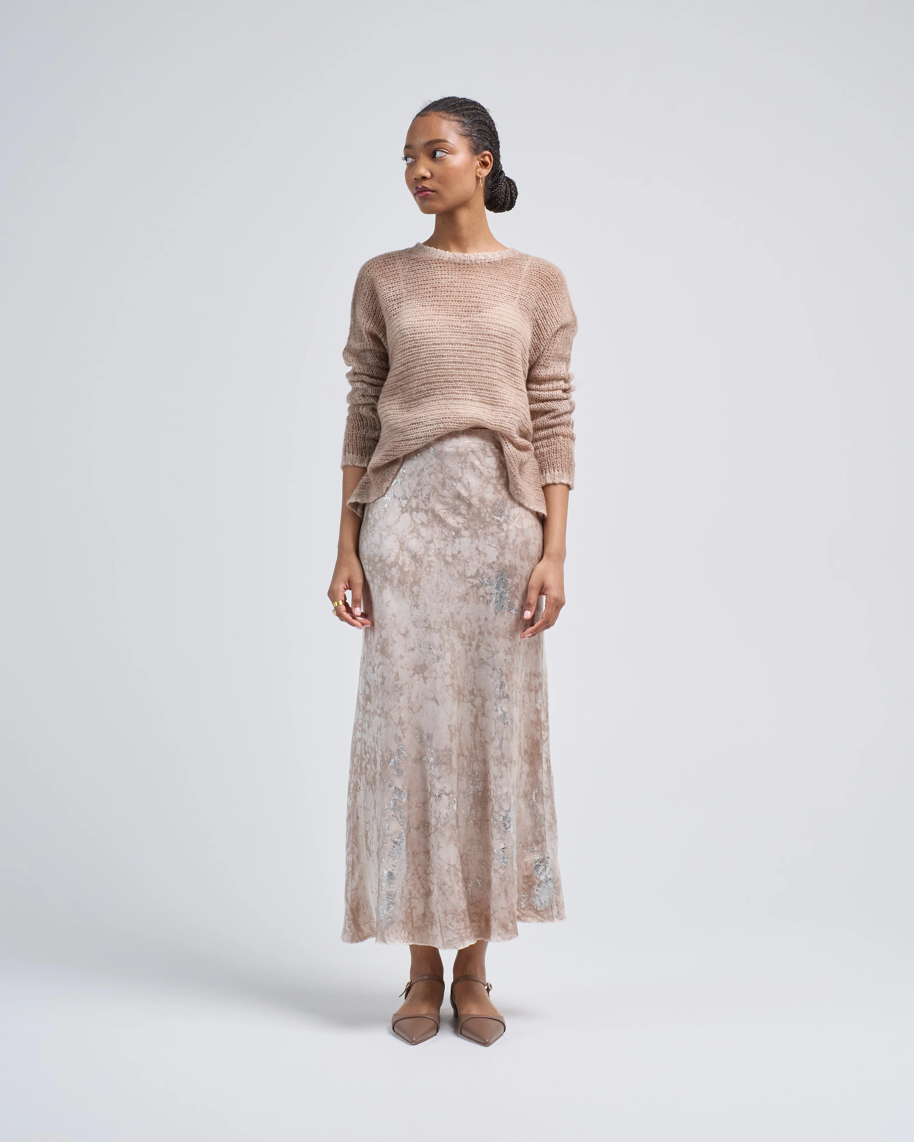 marble lamination effect stretch silk long skirt - Image 3